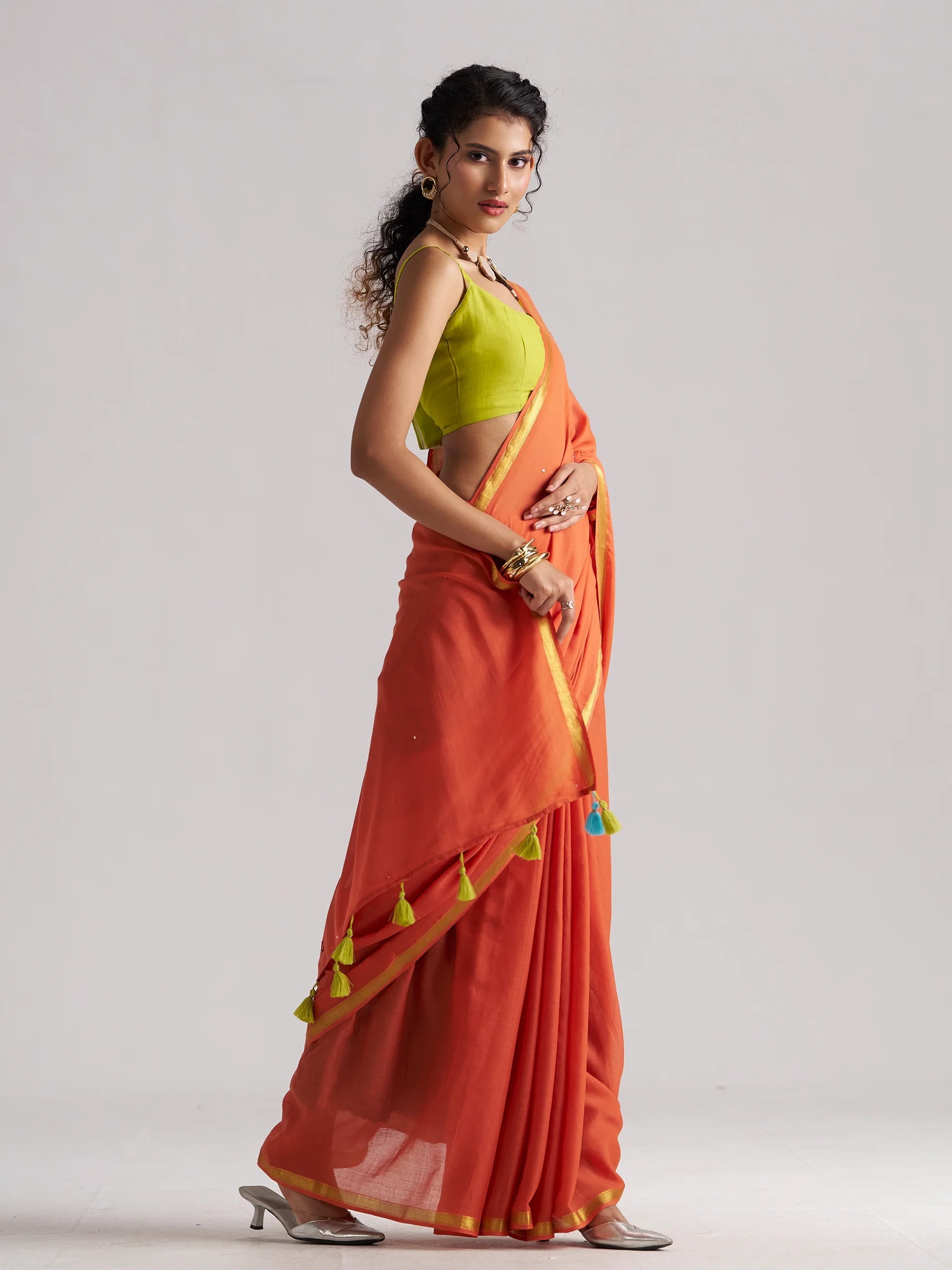 RUST ORANGE VISCOSE MUL THREAD WORK SAREES