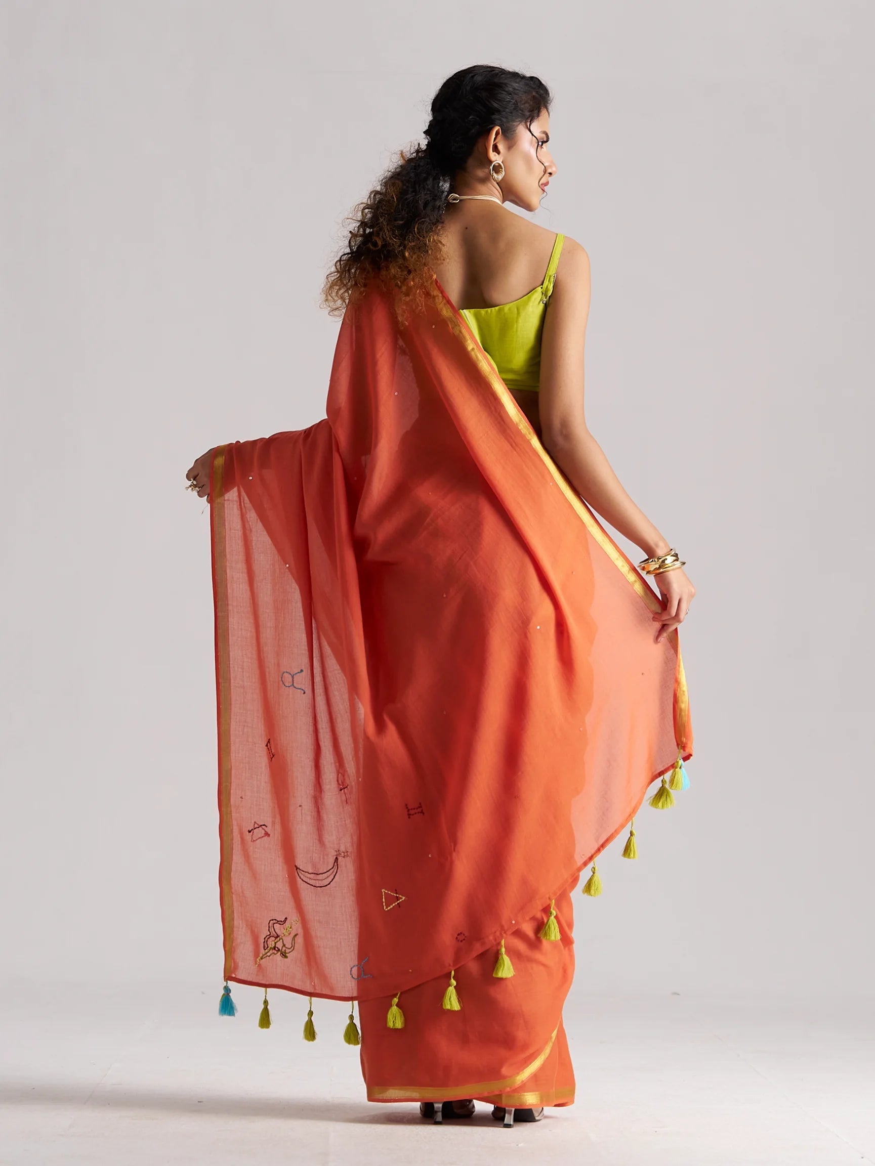 RUST ORANGE VISCOSE MUL THREAD WORK SAREES