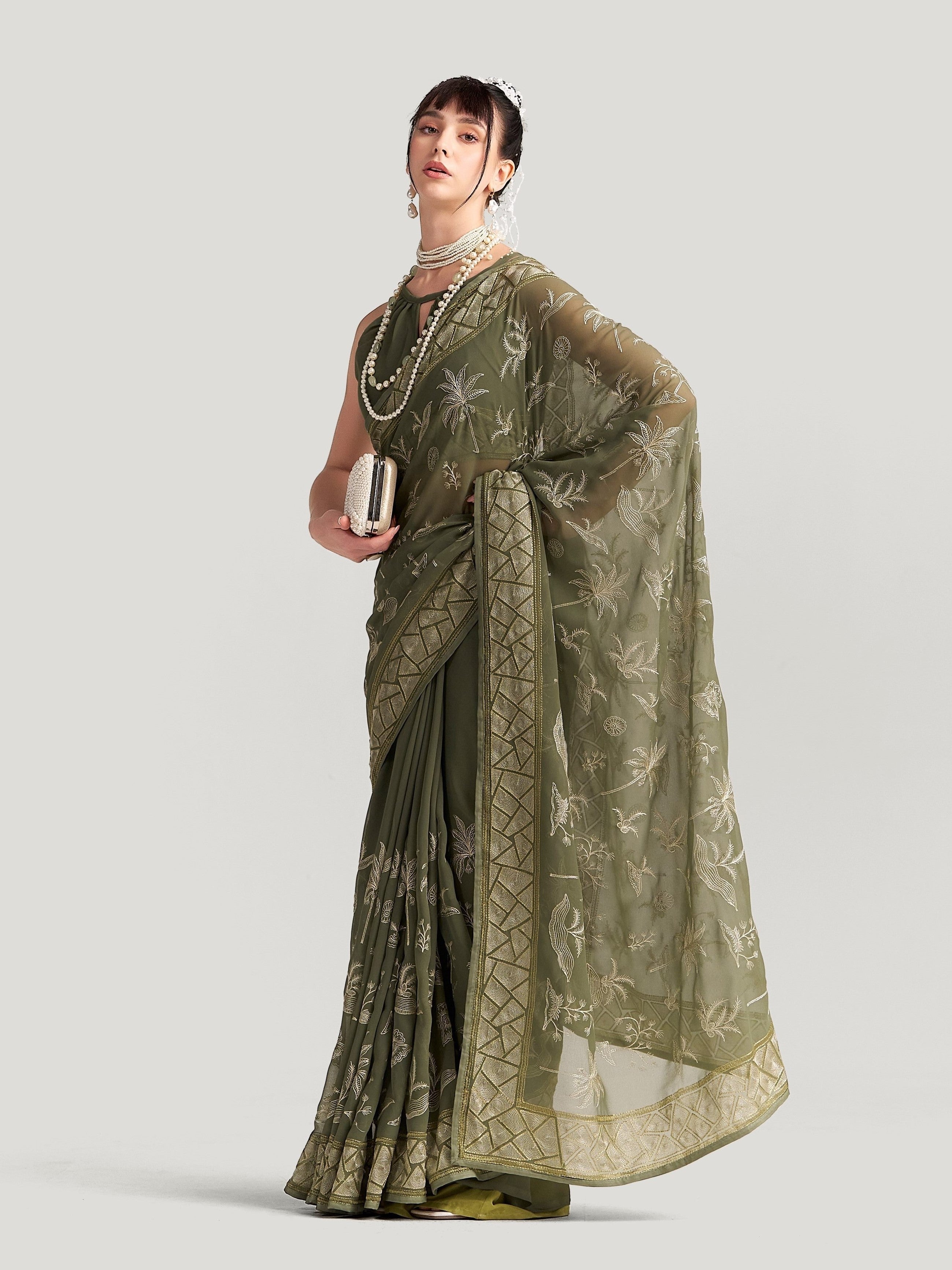 SEAWEED GREEN GEORGETTE TREE PRINTED EMBROIDERY SAREE