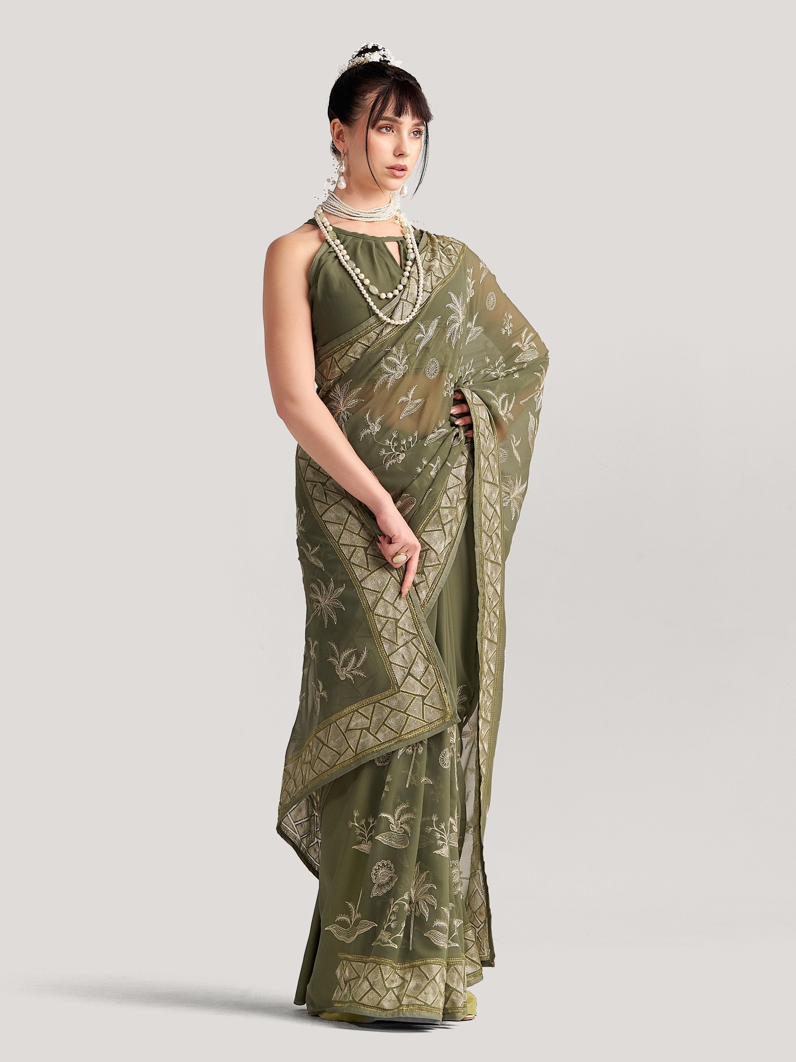 SEAWEED GREEN GEORGETTE TREE PRINTED EMBROIDERY SAREE