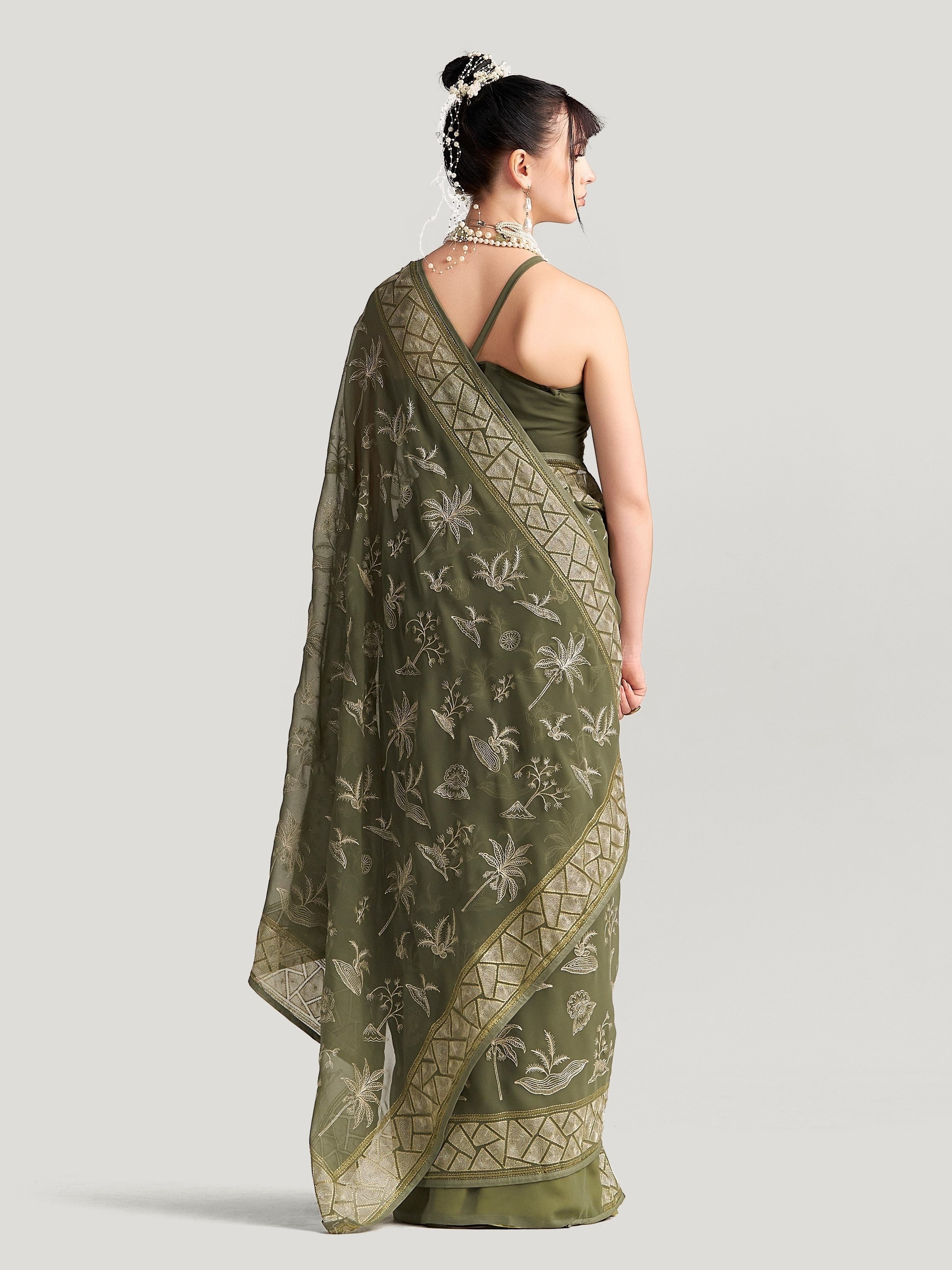 SEAWEED GREEN GEORGETTE TREE PRINTED EMBROIDERY SAREE