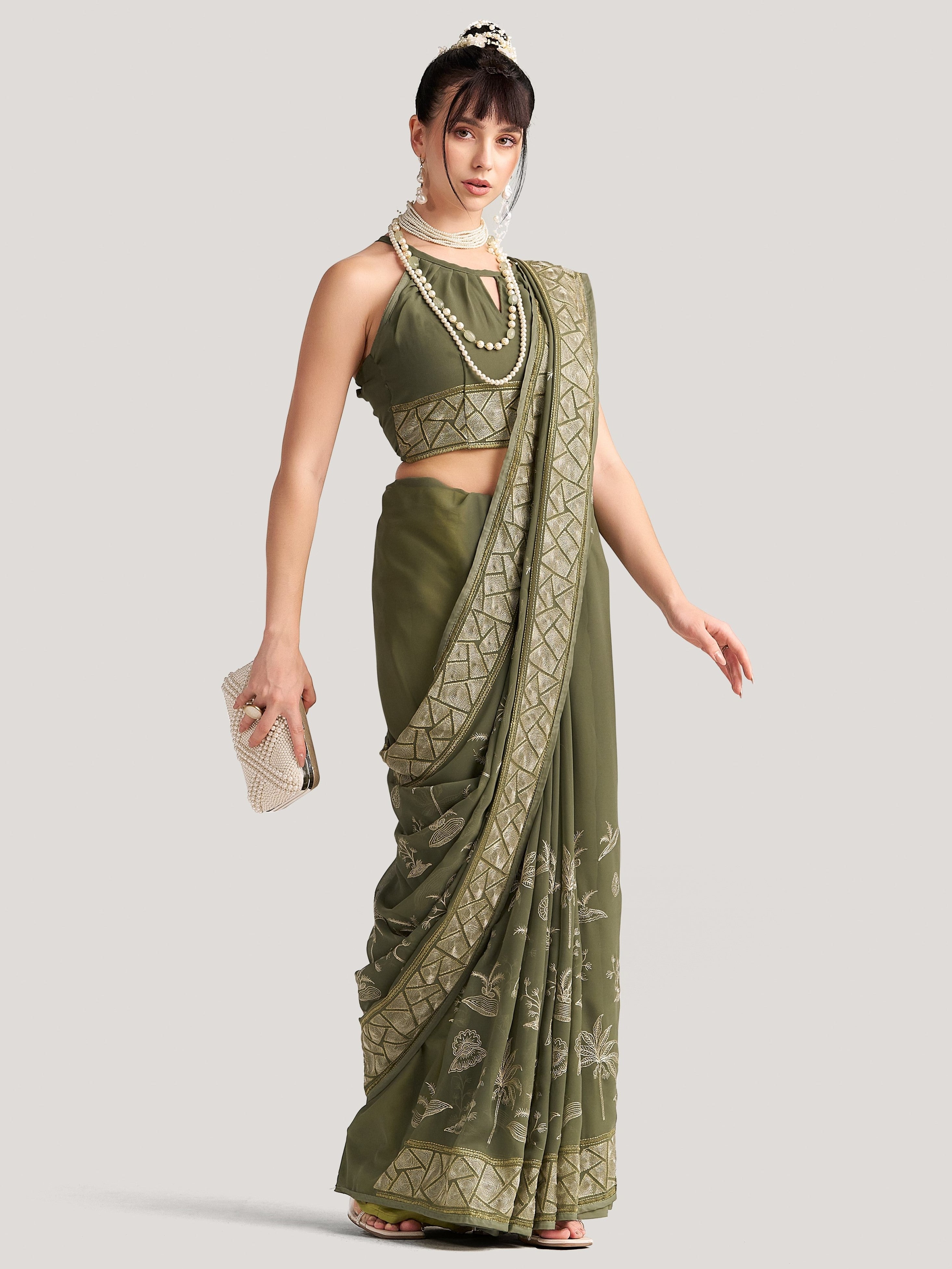 SEAWEED GREEN GEORGETTE TREE PRINTED EMBROIDERY SAREE
