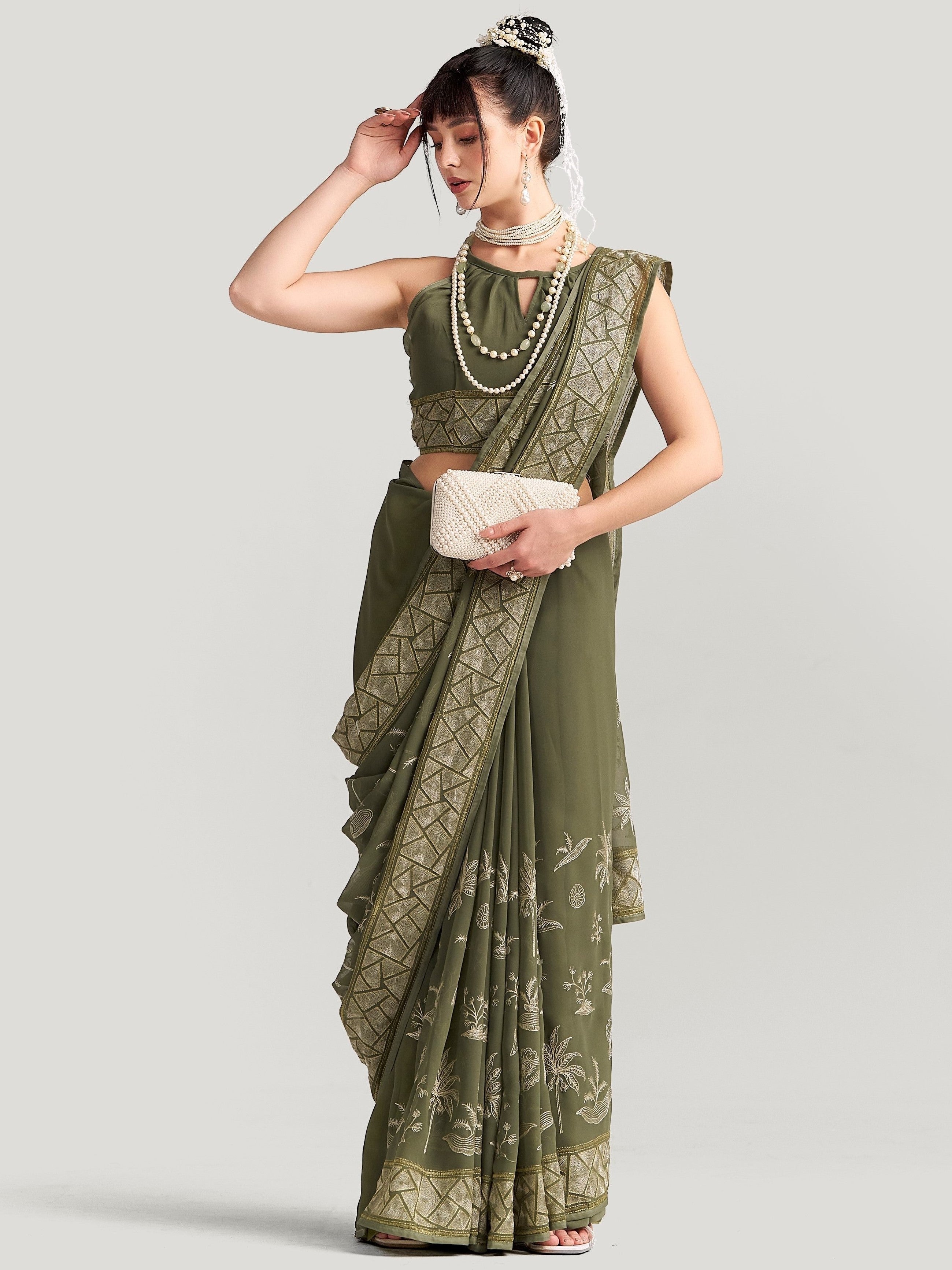 SEAWEED GREEN GEORGETTE TREE PRINTED EMBROIDERY SAREE