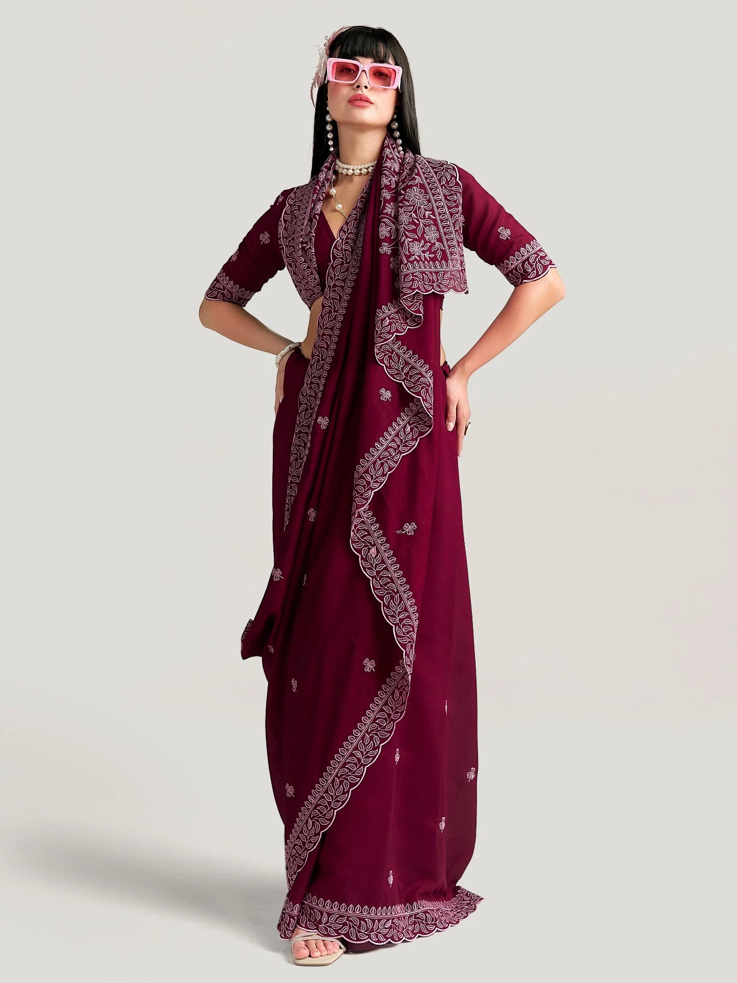 TITANIUM FLOWER EMBROIDERY SAREE WITH BLOUSE
