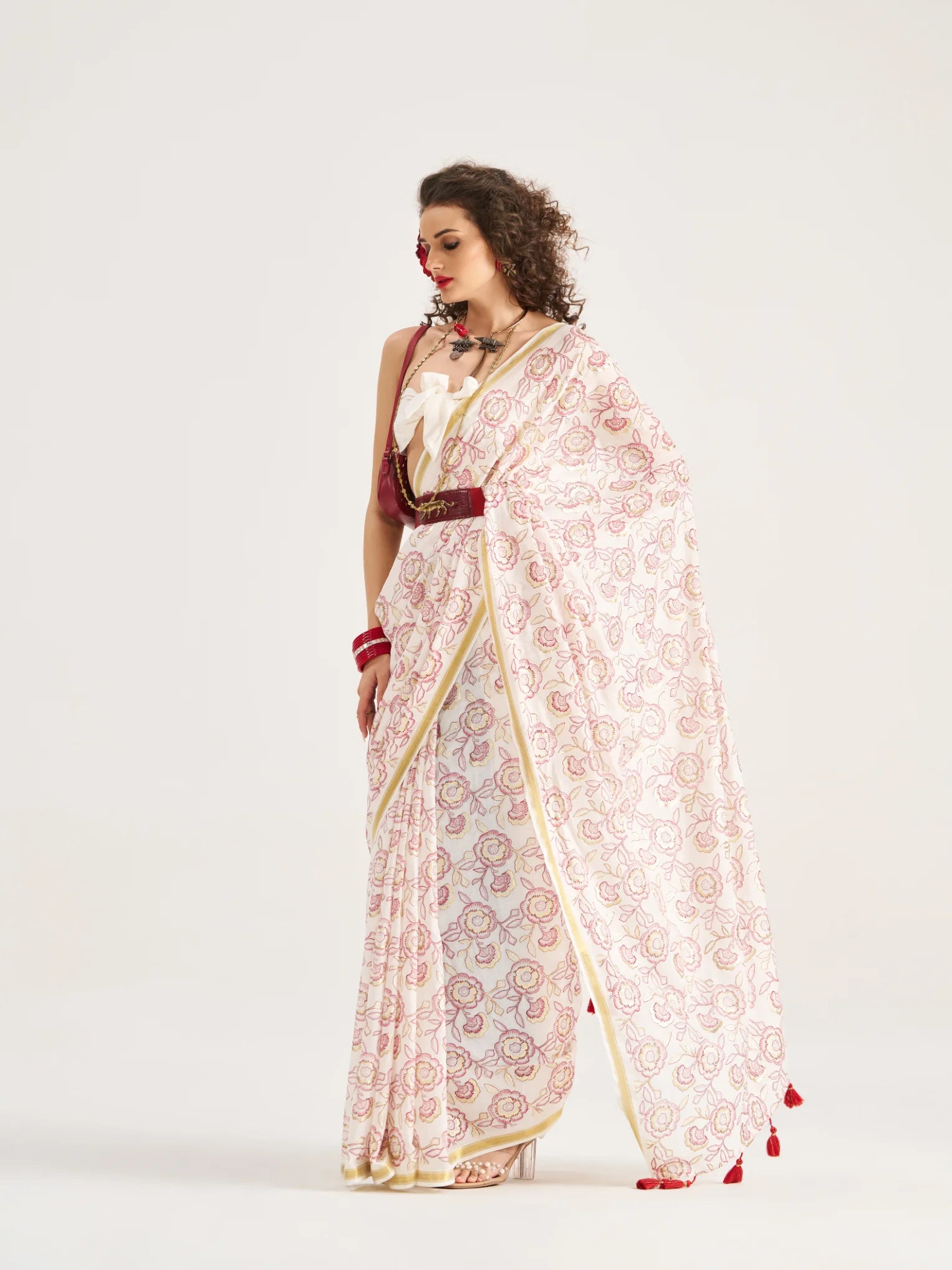 VISCOSE MUL FOIL PRINTED RED SAREE WITH WHITE BLOUSE