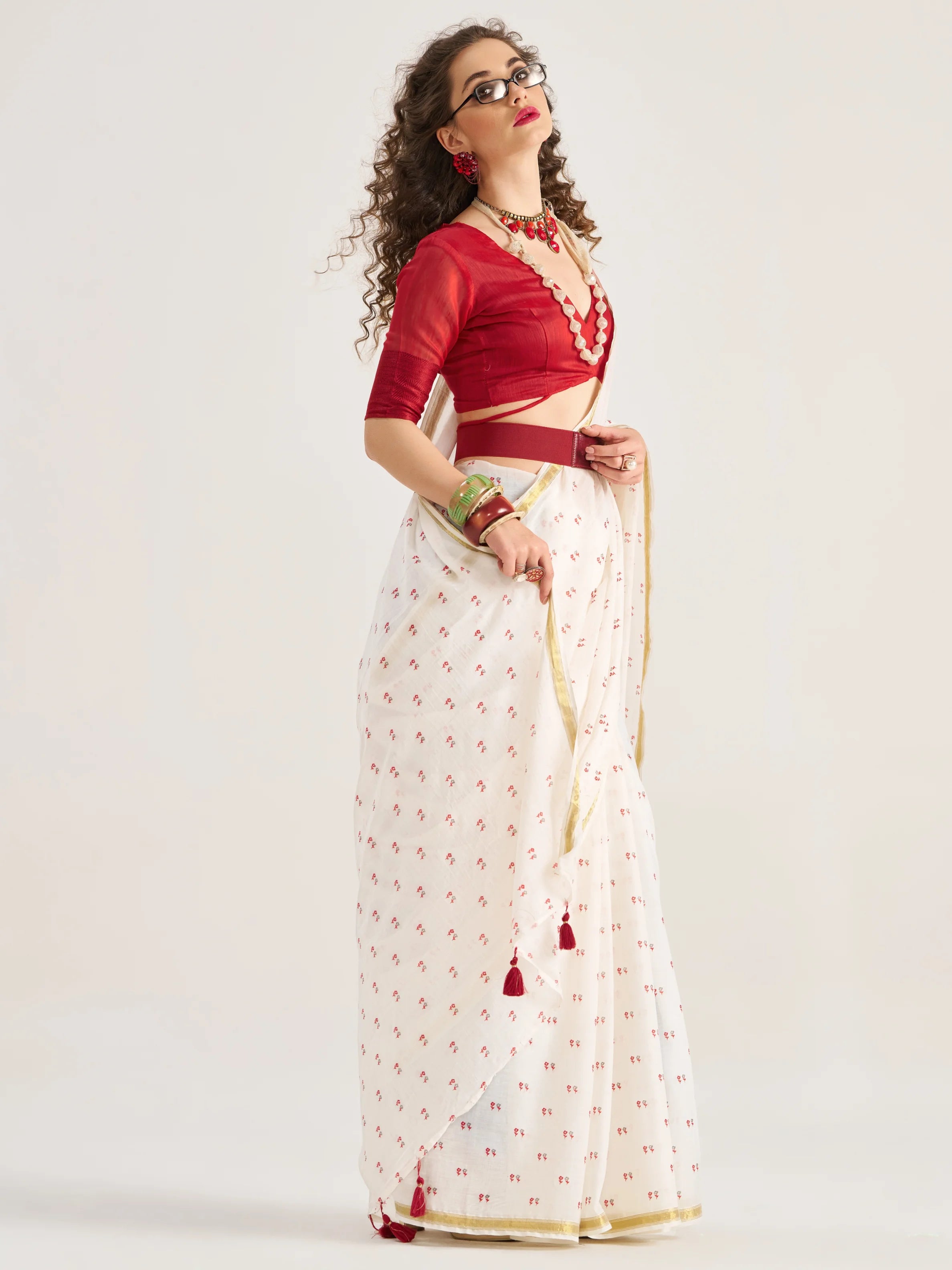 VISCOSE MUL FOIL PRINTED RED SAREE WITH BLOUSE