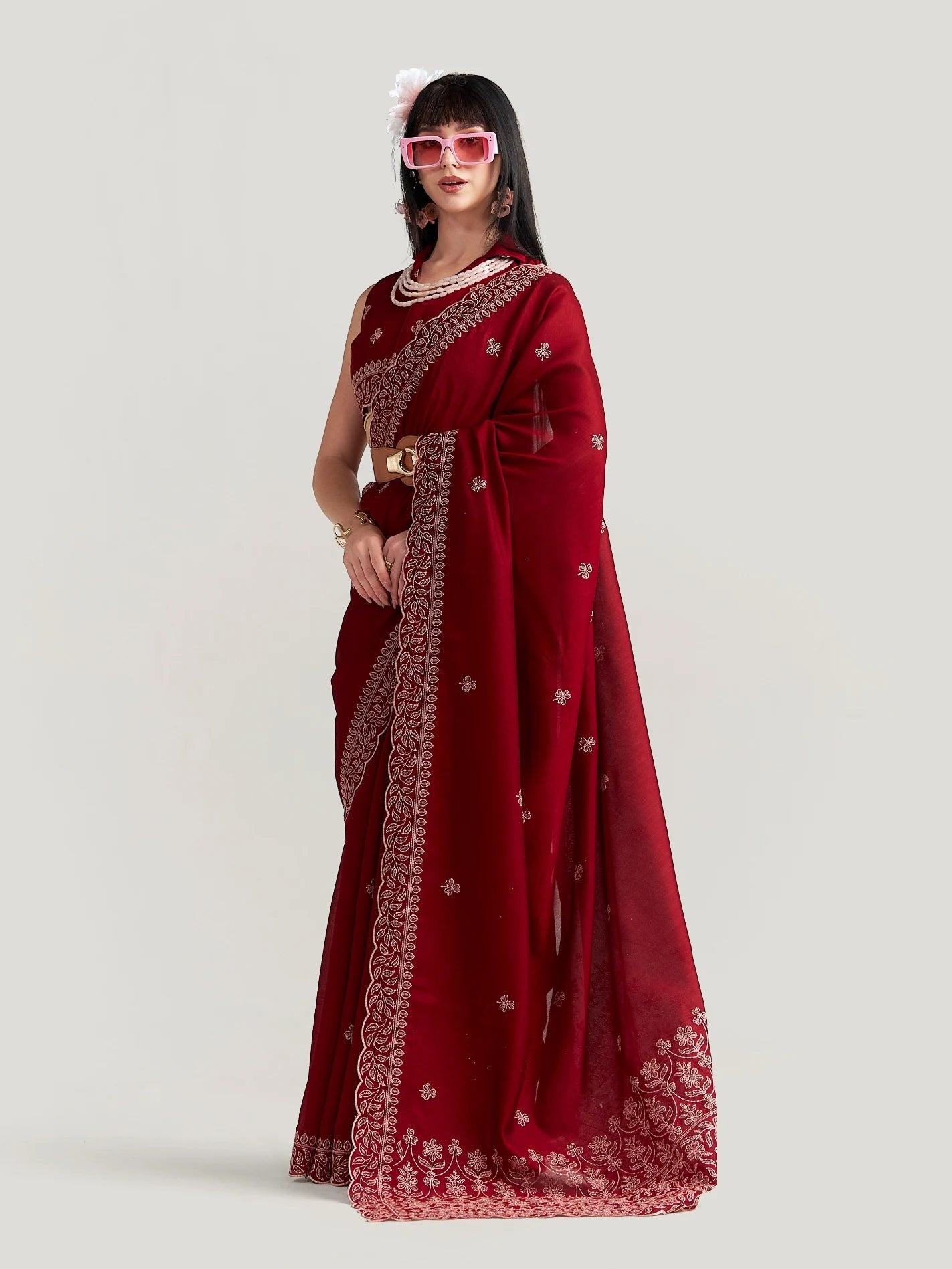 TITANIUM FLOWER EMBROIDERY SAREE WITH BLOUSE
