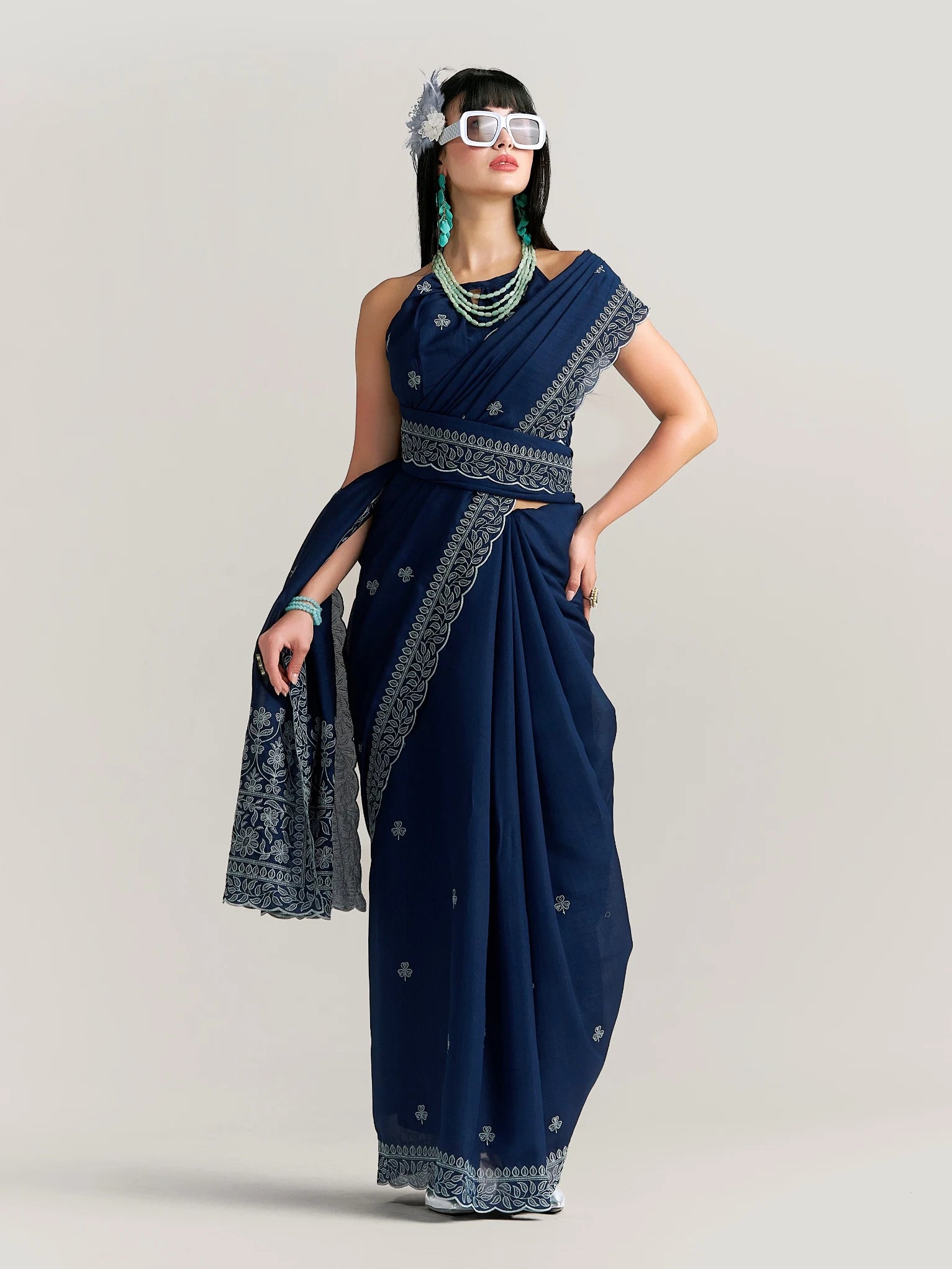 TITANIUM FLOWER EMBROIDERY SAREE WITH BLOUSE