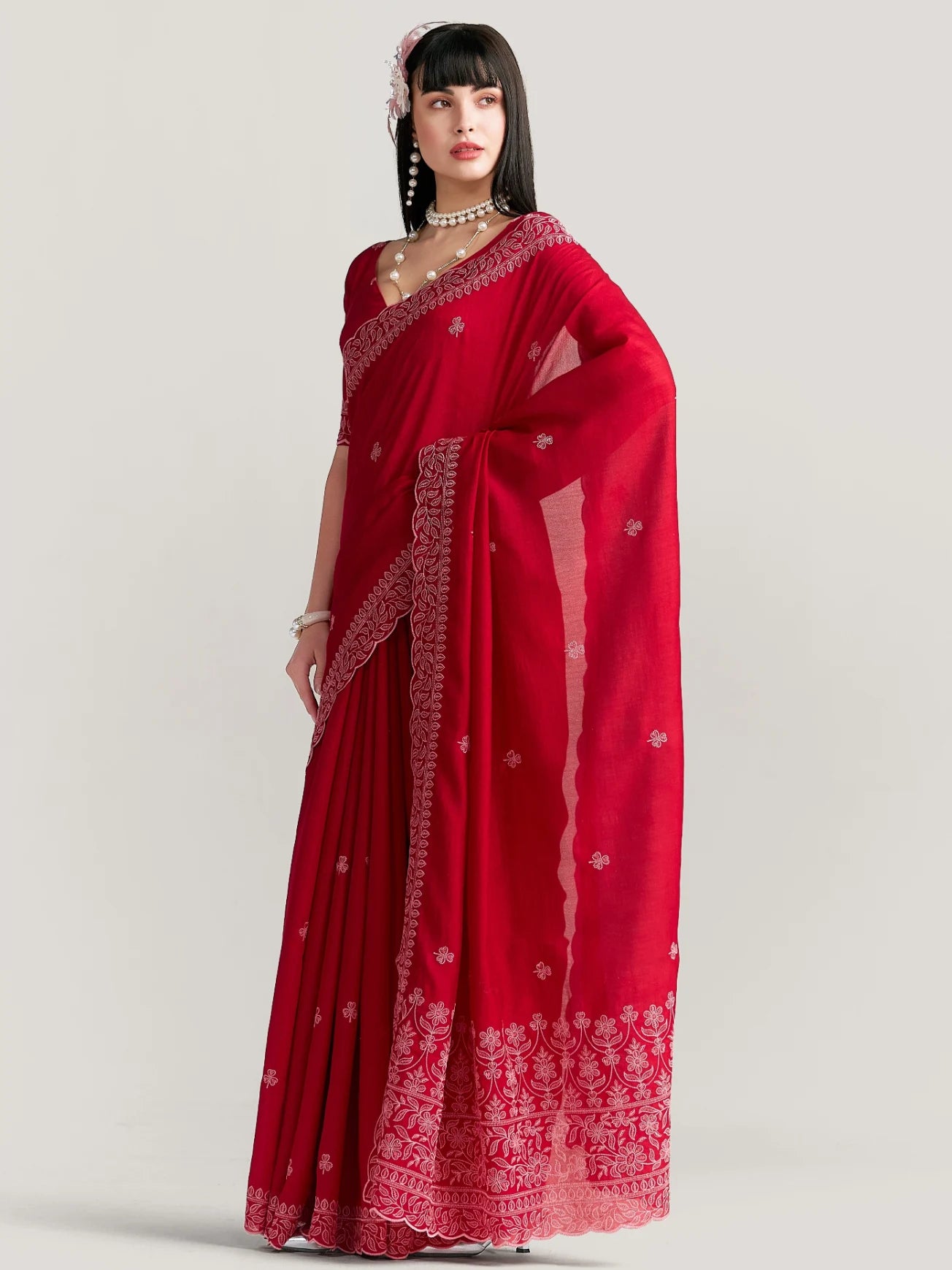TITANIUM FLOWER EMBROIDERY SAREE WITH BLOUSE
