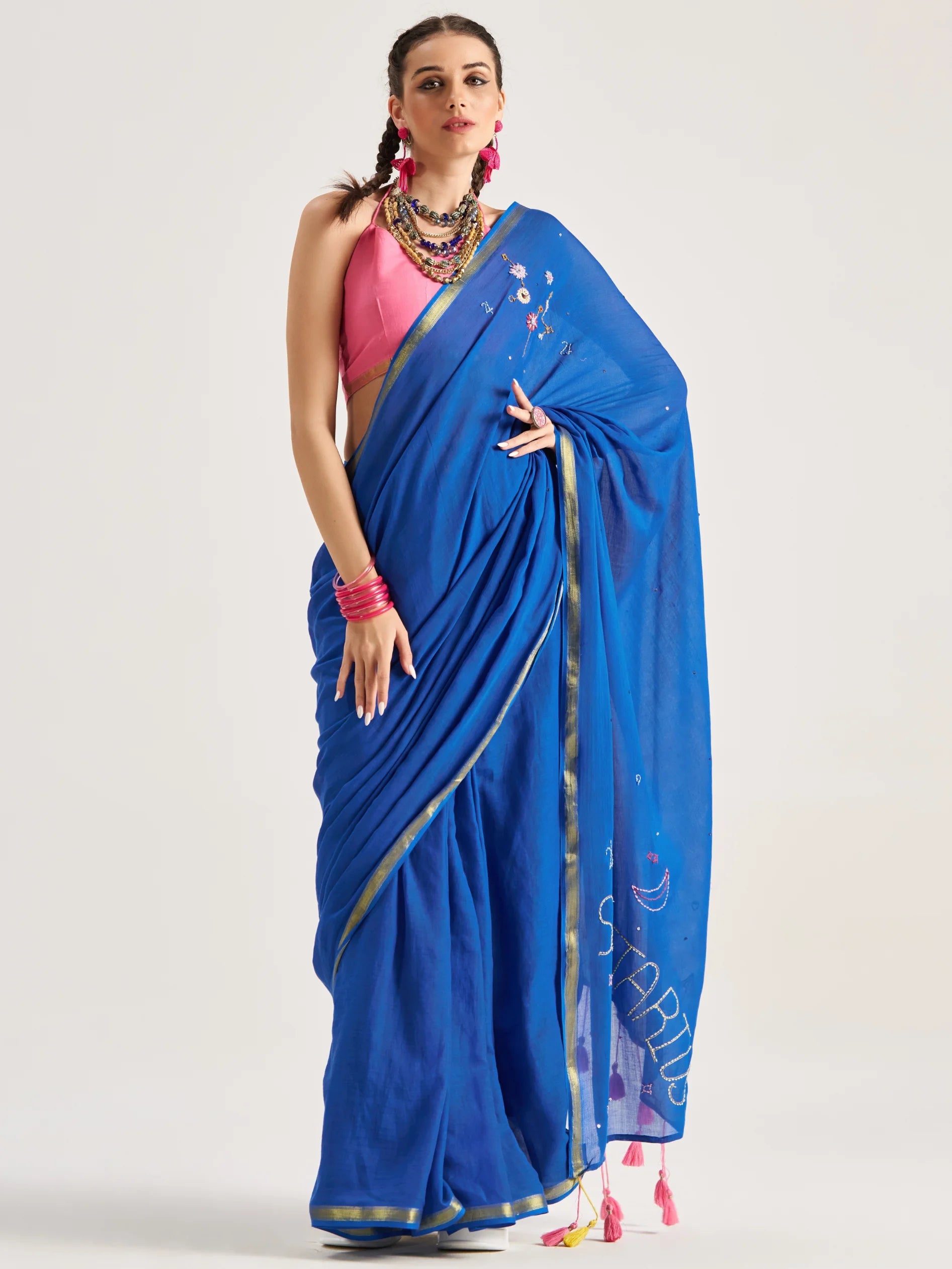 VISCOSE MUL SAGITTARIUS HAND EMBROIDERED SAREE WITH BLOUSE