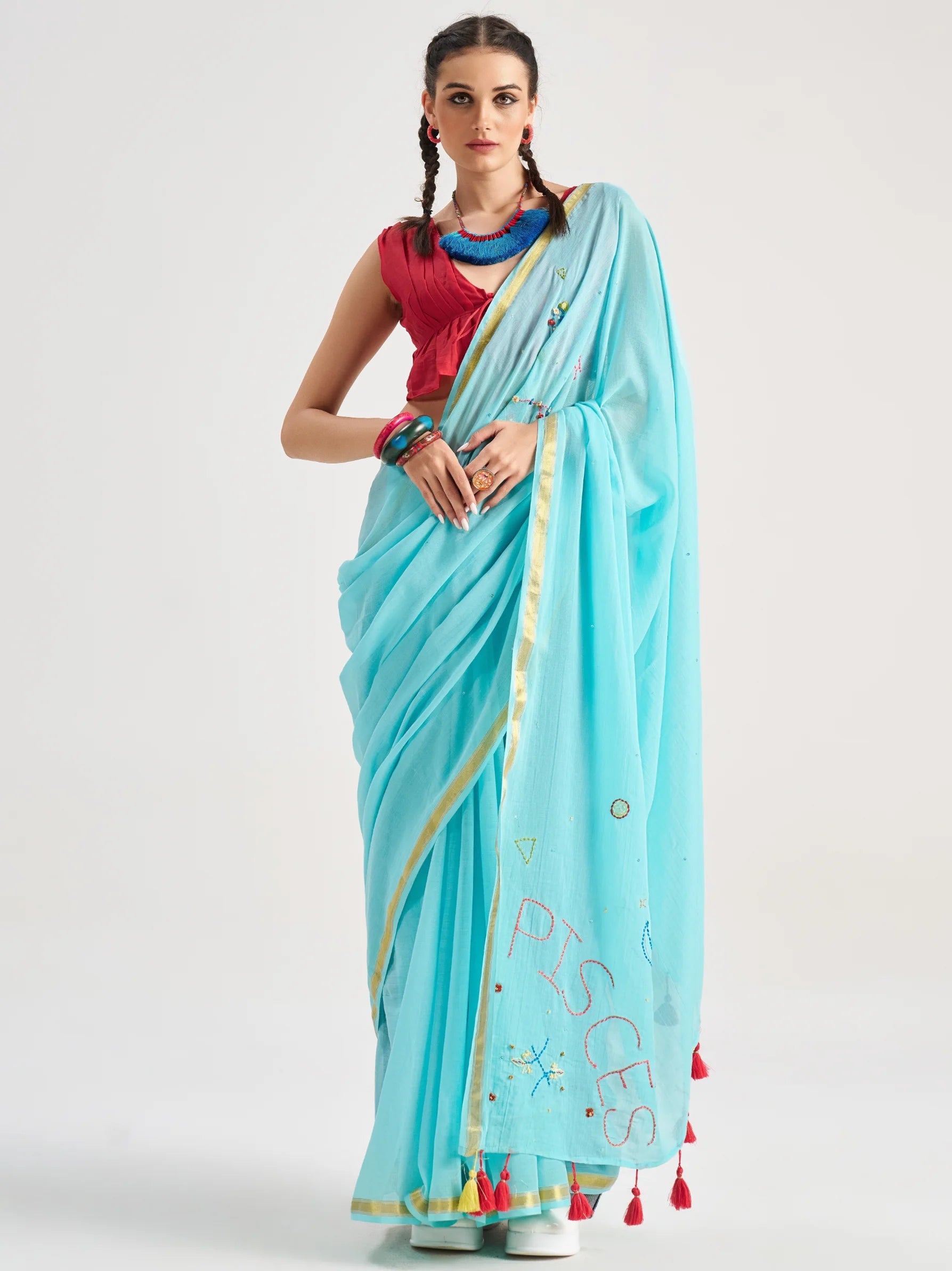 VISCOSE MUL PISCES HAND EMBROIDERED SAREE WITH BLOUSE