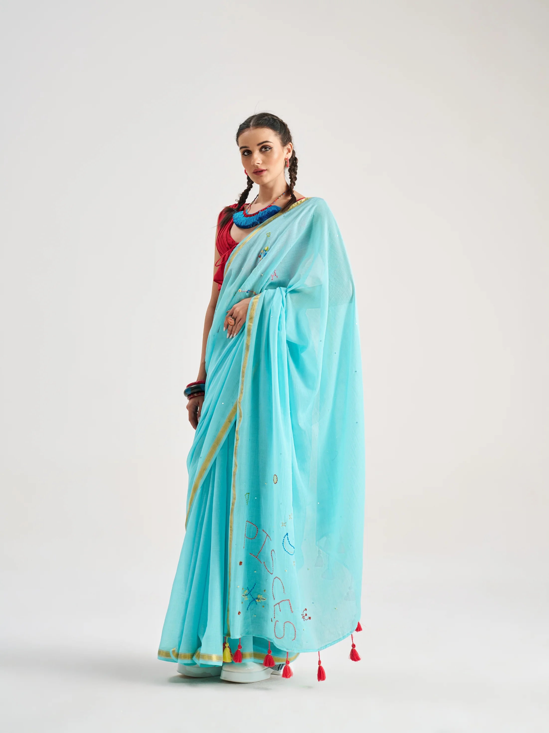 VISCOSE MUL PISCES HAND EMBROIDERED SAREE WITH BLOUSE