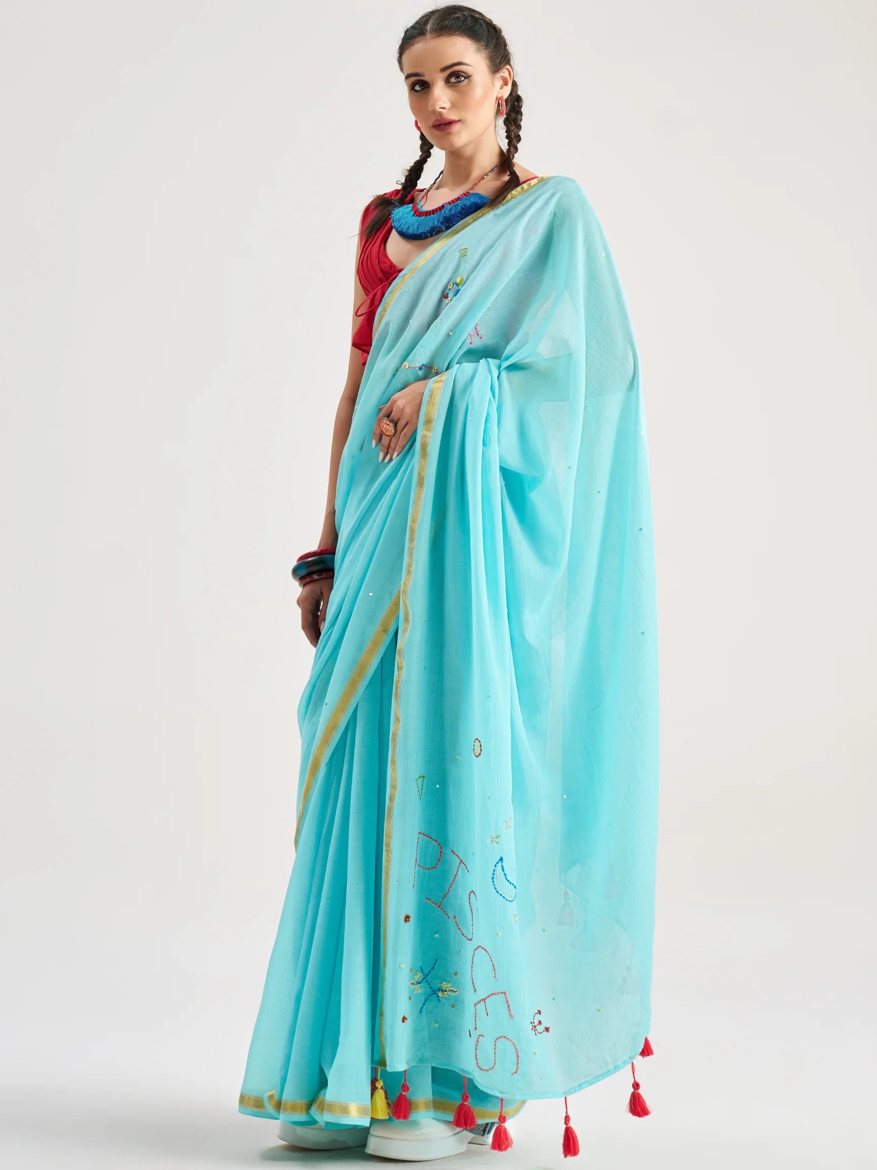 VISCOSE MUL PISCES HAND EMBROIDERED SAREE WITH BLOUSE