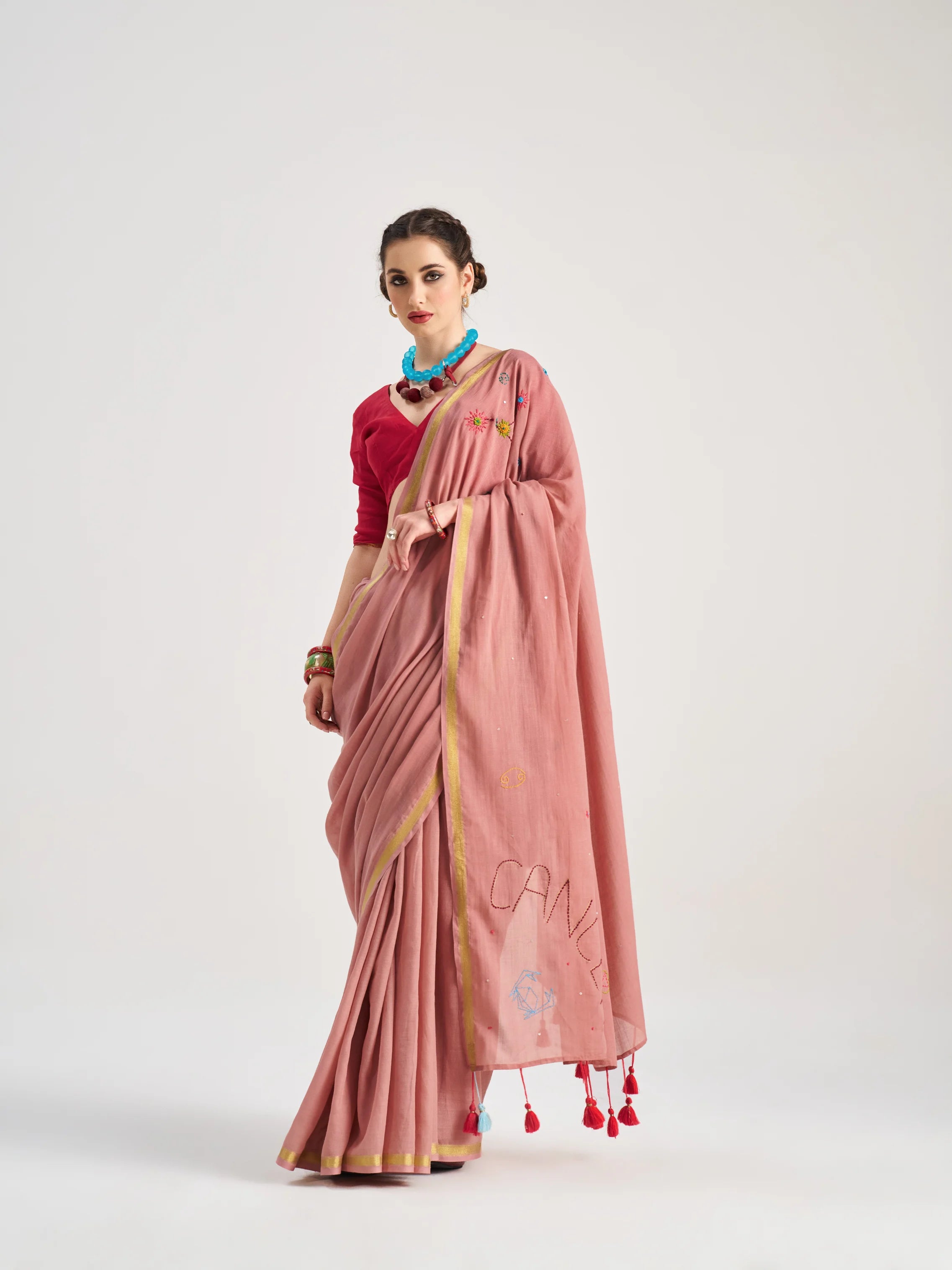 VISCOSE MUL CANCER HAND EMBROIDERED SAREE WITH BLOUSE