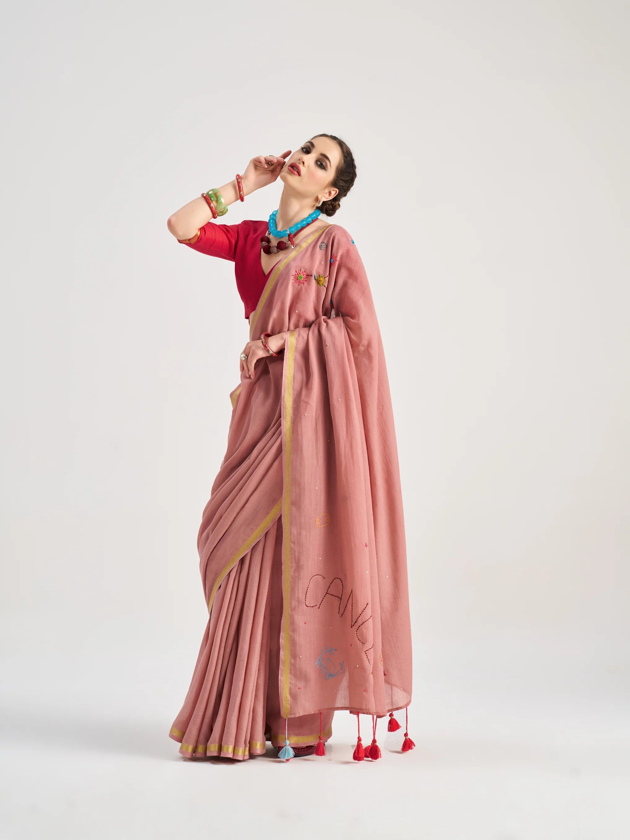 VISCOSE MUL CANCER HAND EMBROIDERED SAREE WITH BLOUSE