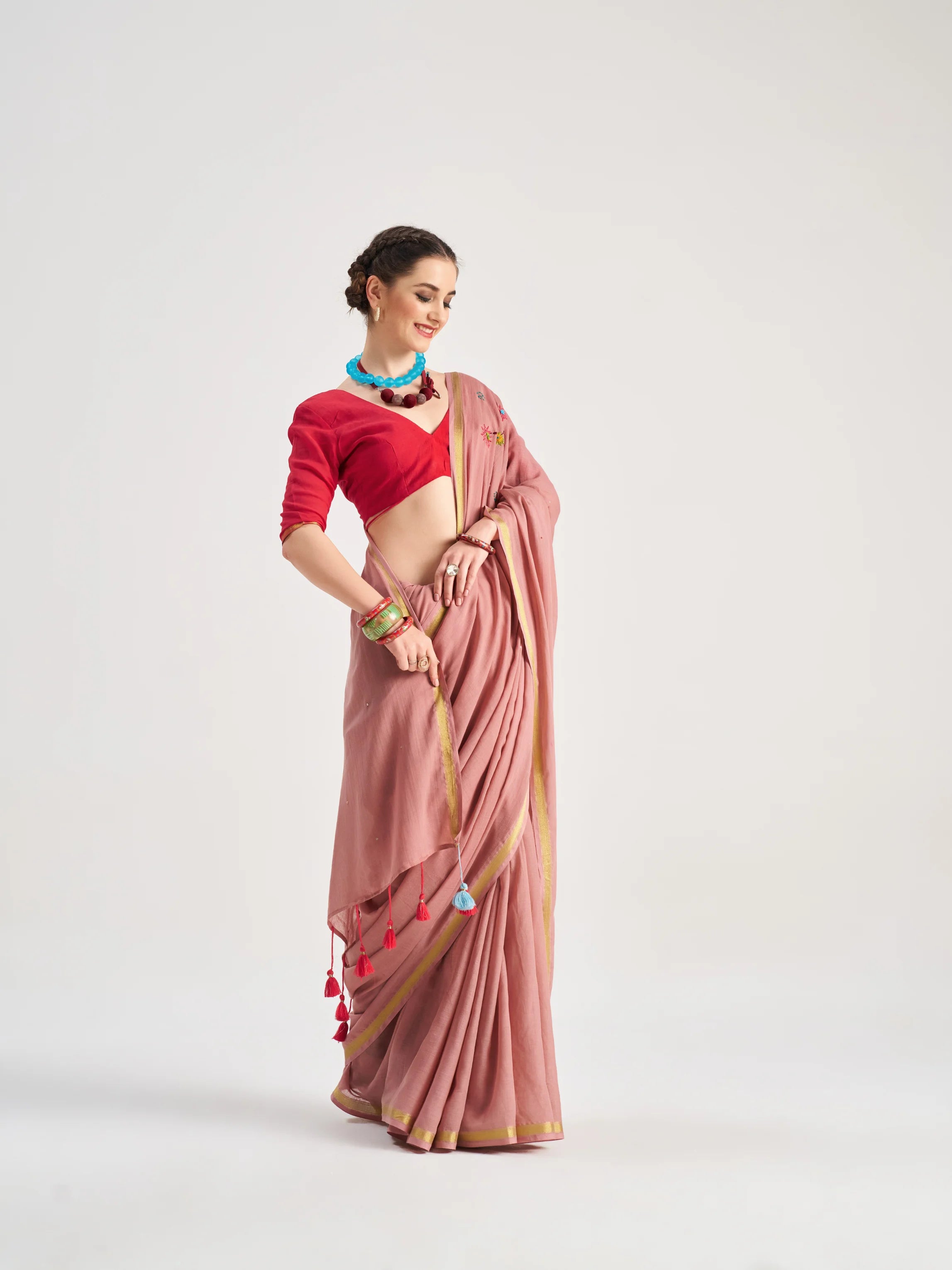 VISCOSE MUL CANCER HAND EMBROIDERED SAREE WITH BLOUSE