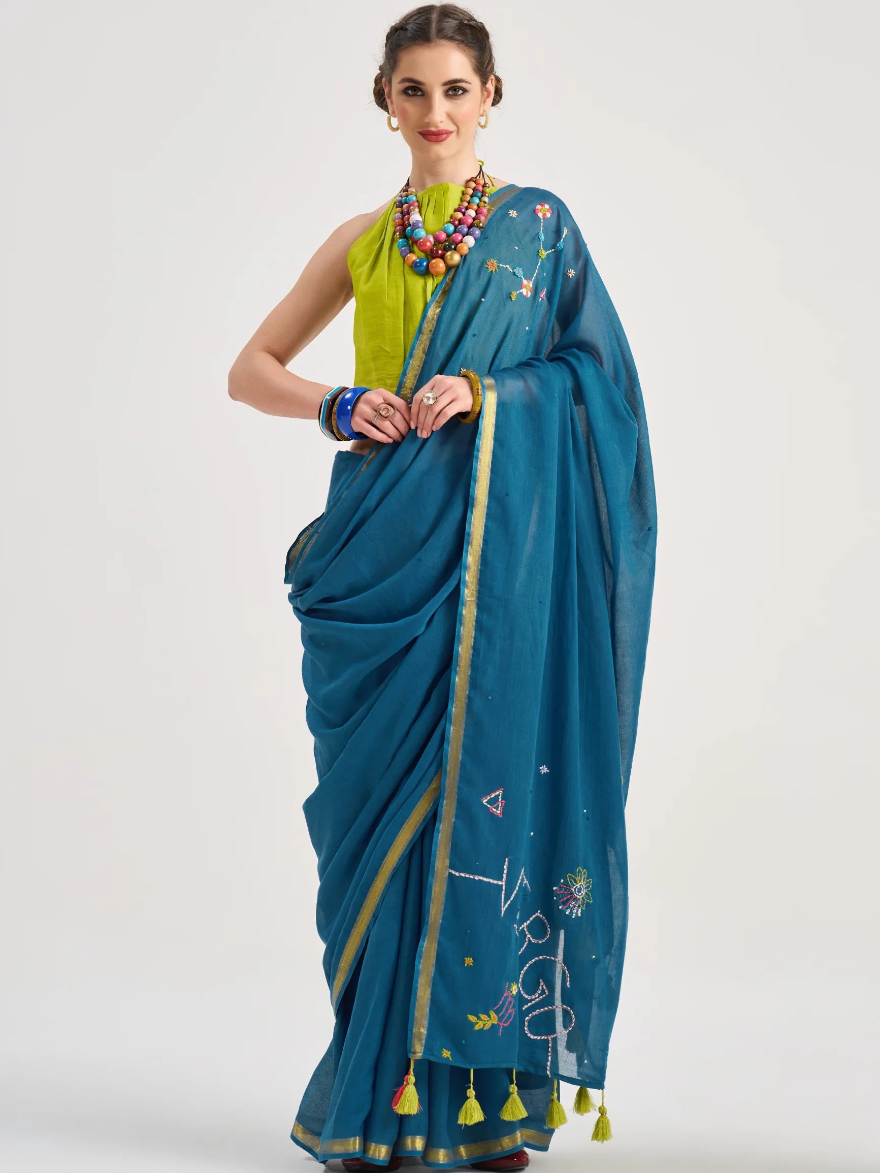 VISCOSE MUL VIRGO HAND EMBROIDERED SAREE WITH BLOUSE