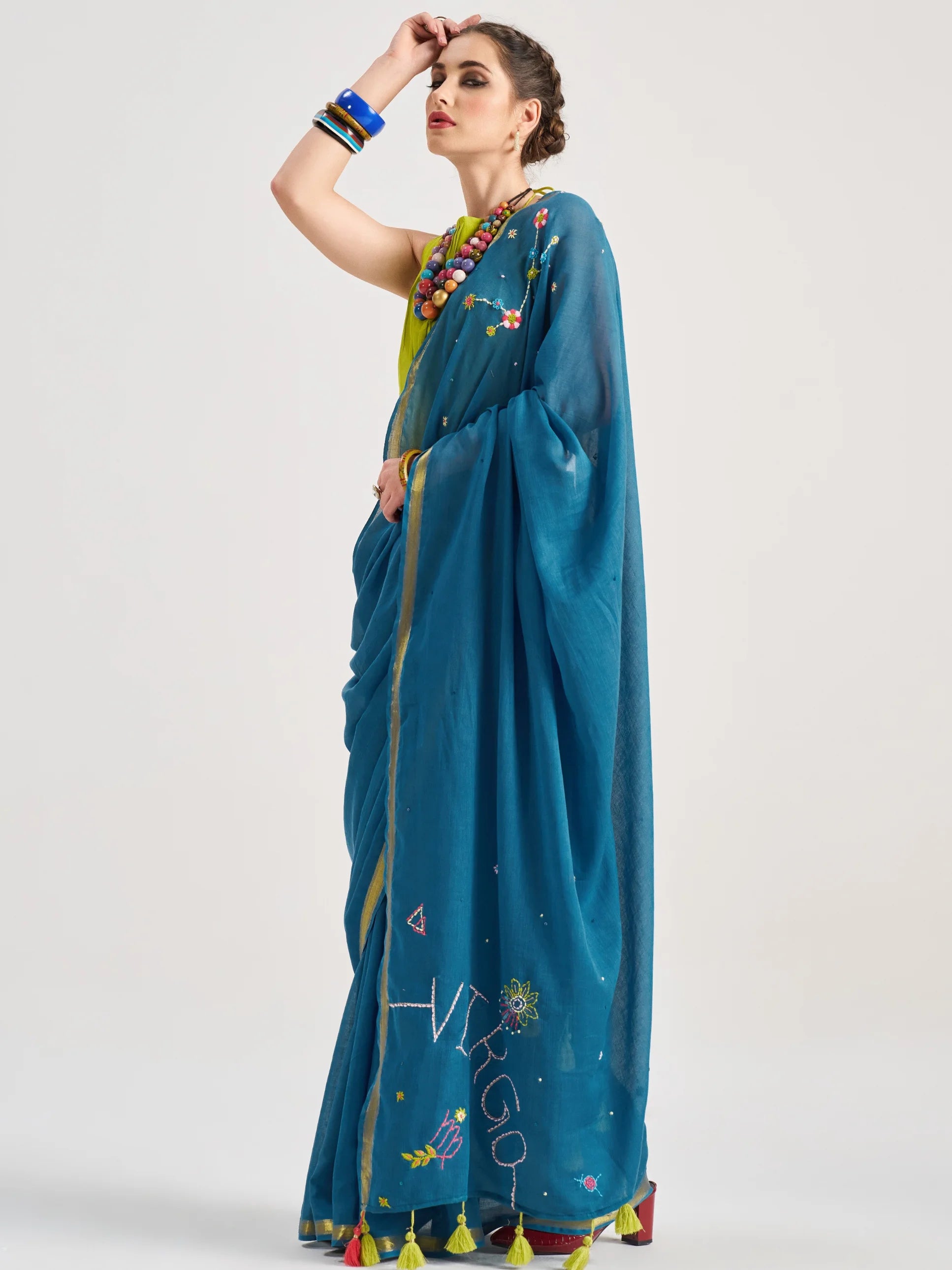 VISCOSE MUL VIRGO HAND EMBROIDERED SAREE WITH BLOUSE