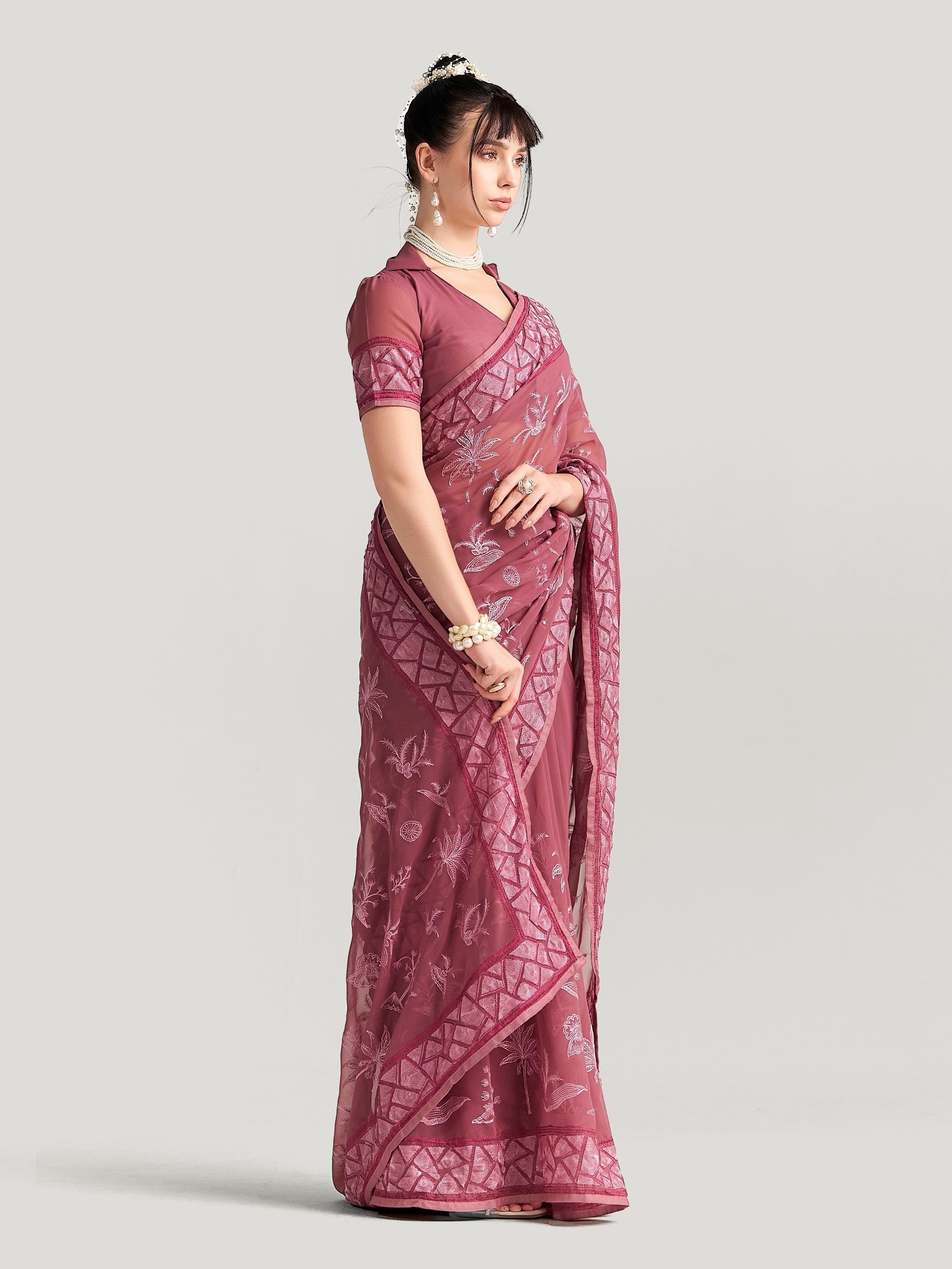 GEORGETTE TREE EMBROIDERY SAREE WITH BLOUSE