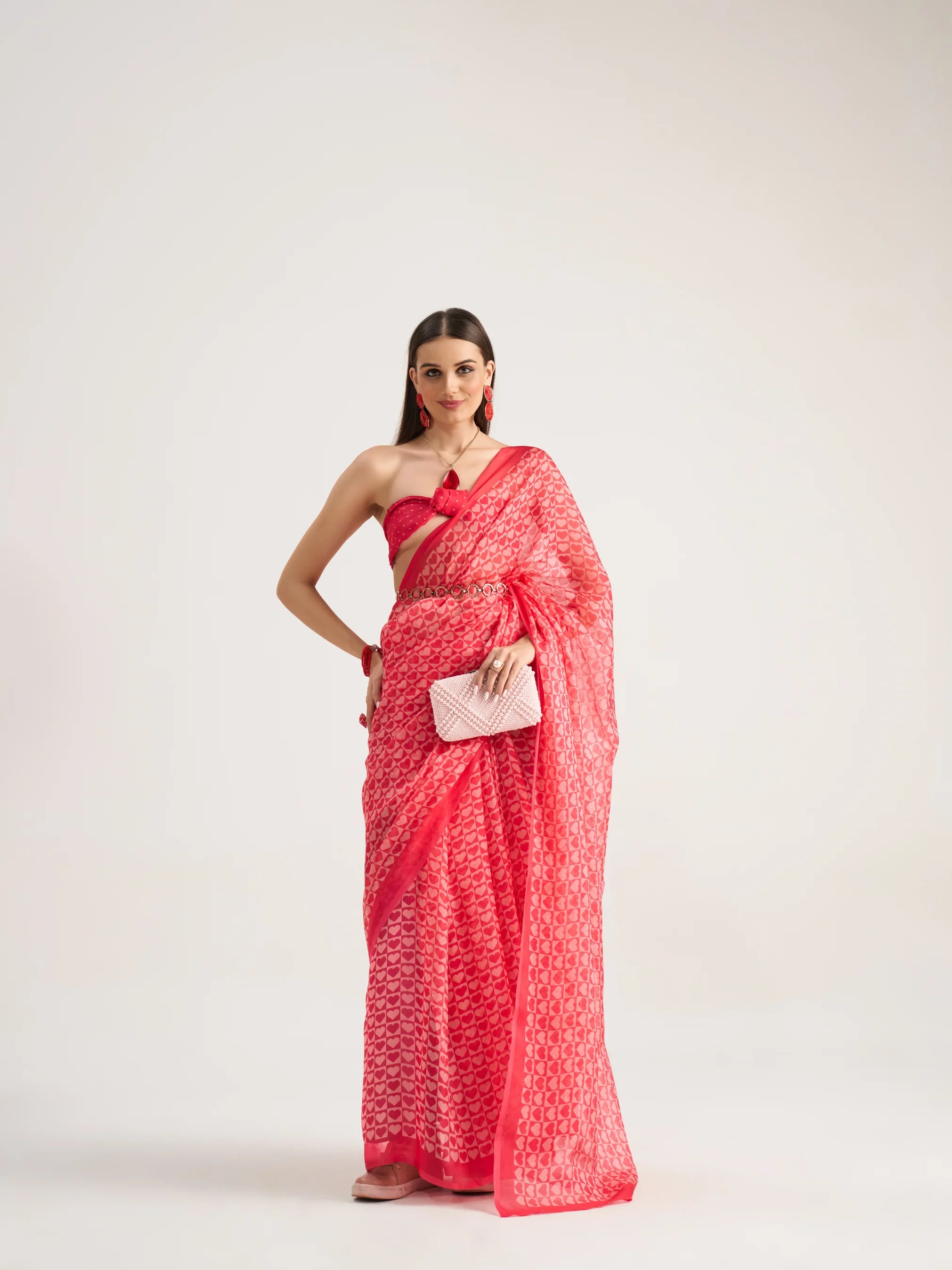 VISCOSE ORGANZA DIGITAL PRINTED RED SAREE WITH BLOUSE