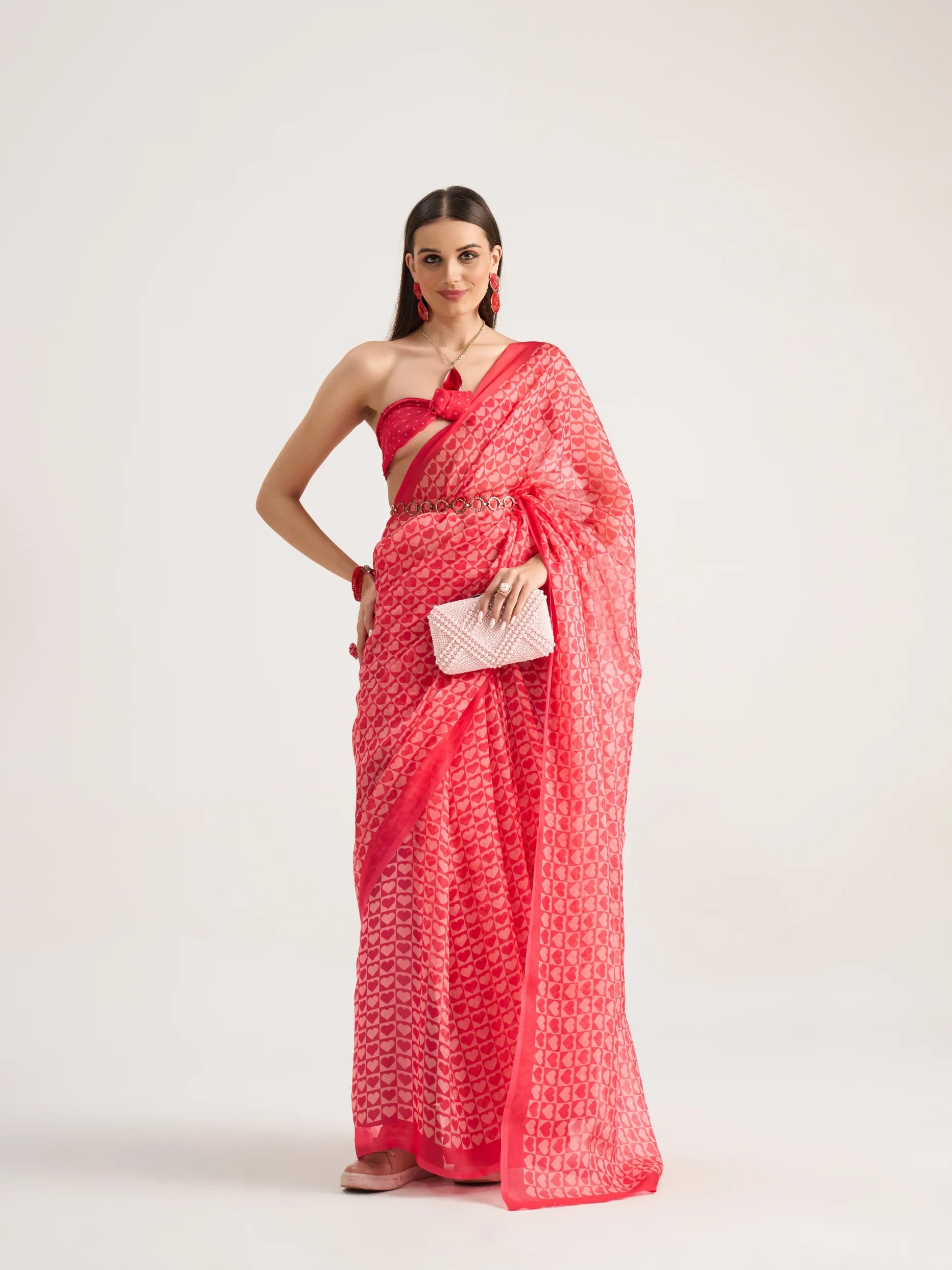 VISCOSE ORGANZA DIGITAL PRINTED RED SAREE WITH BLOUSE