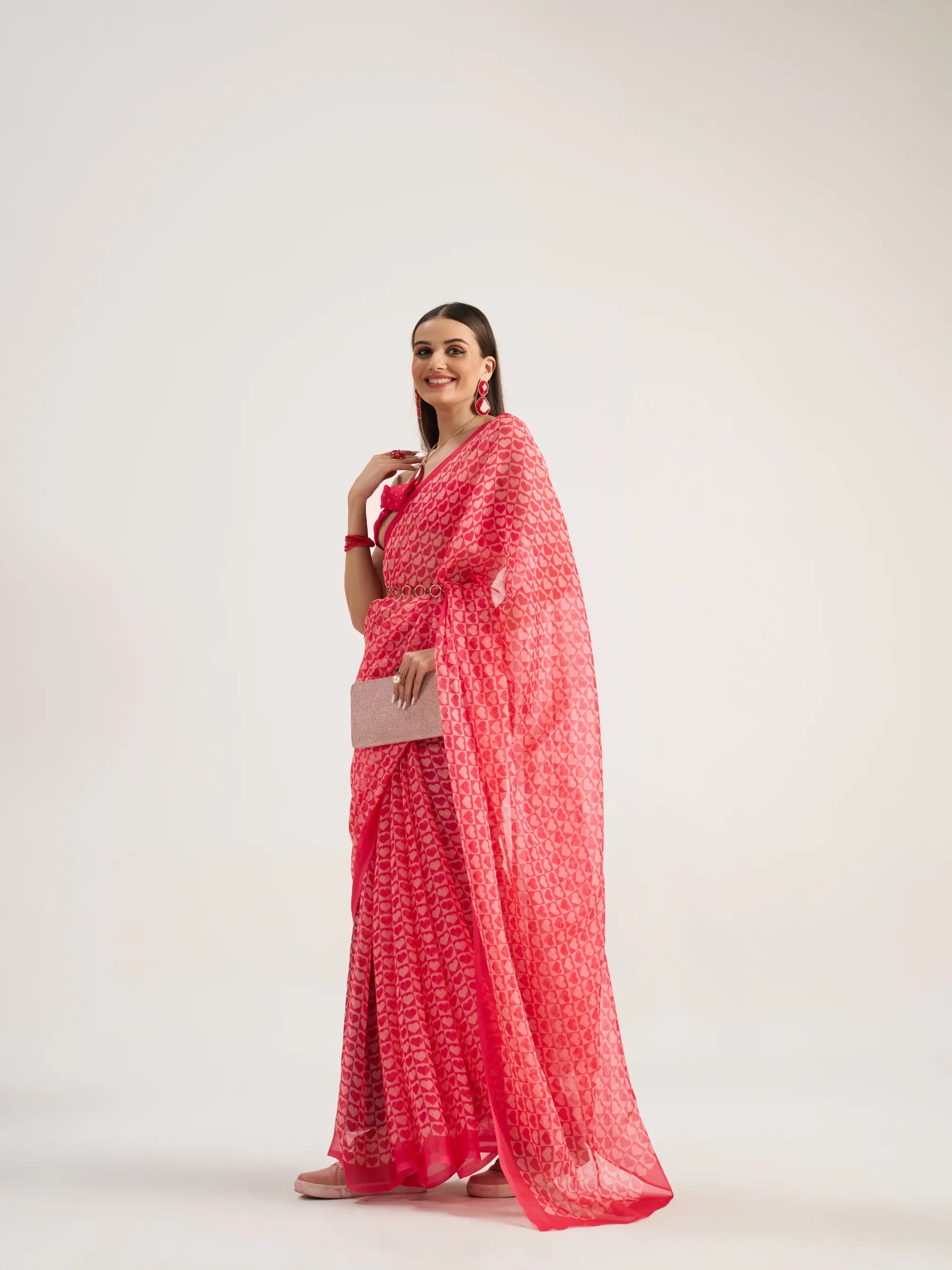 VISCOSE ORGANZA DIGITAL PRINTED RED SAREE WITH BLOUSE