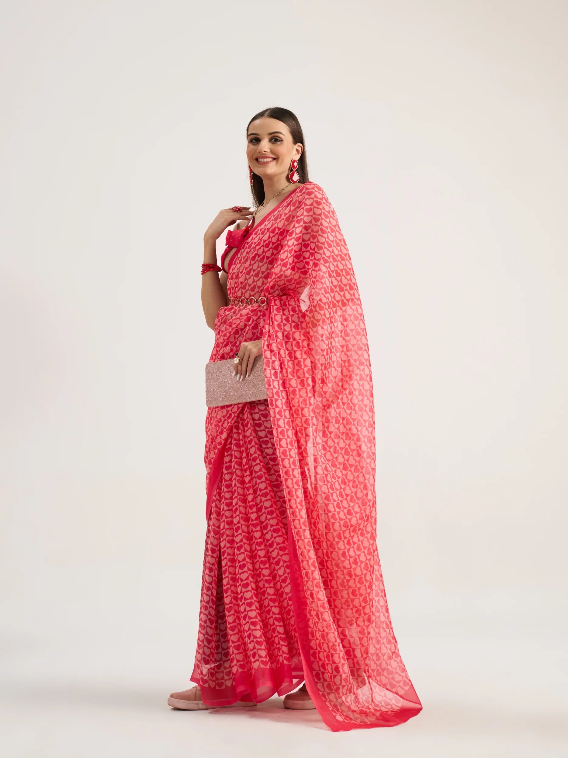 VISCOSE ORGANZA DIGITAL PRINTED RED SAREE WITH BLOUSE