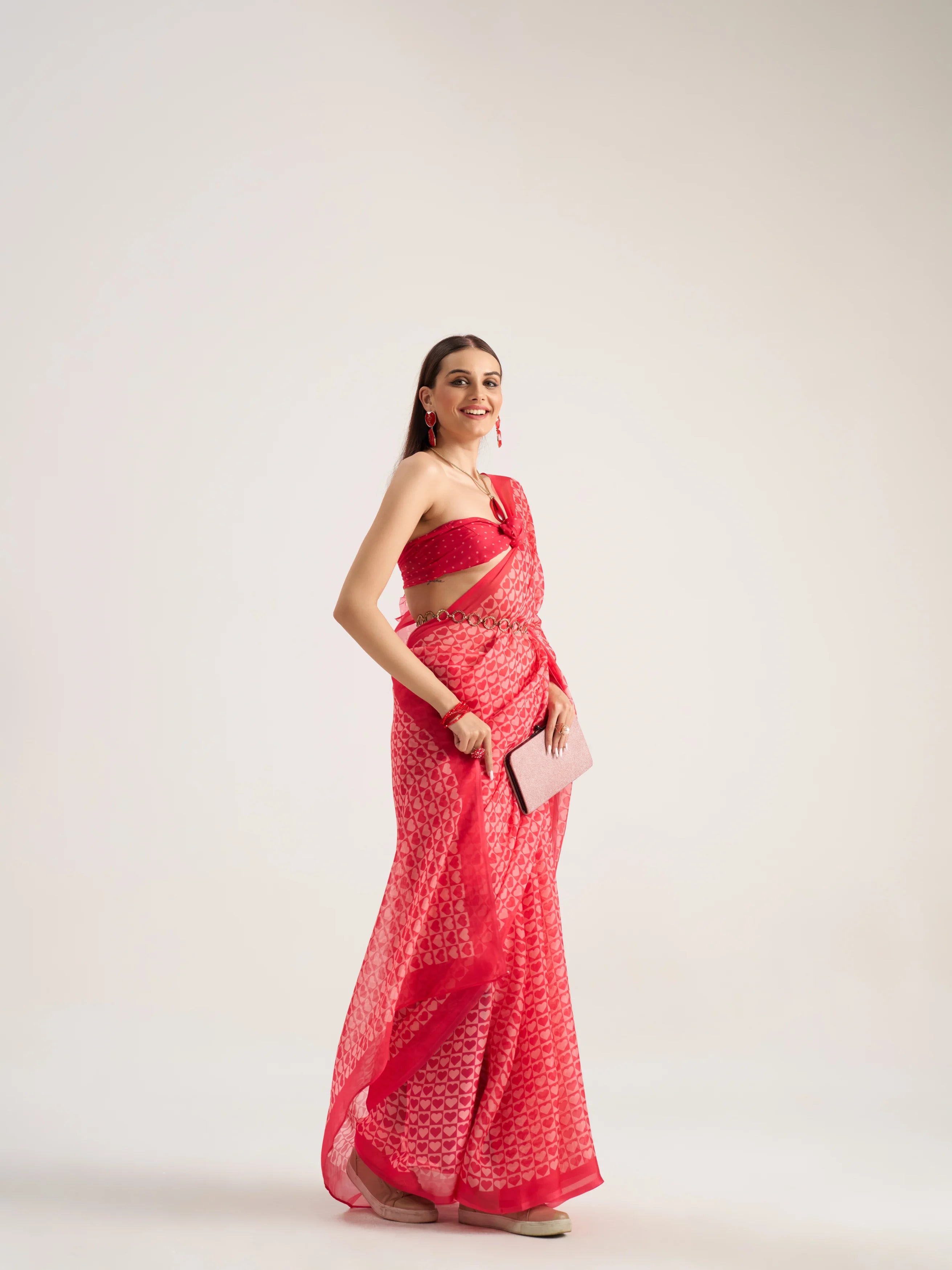 VISCOSE ORGANZA DIGITAL PRINTED RED SAREE WITH BLOUSE