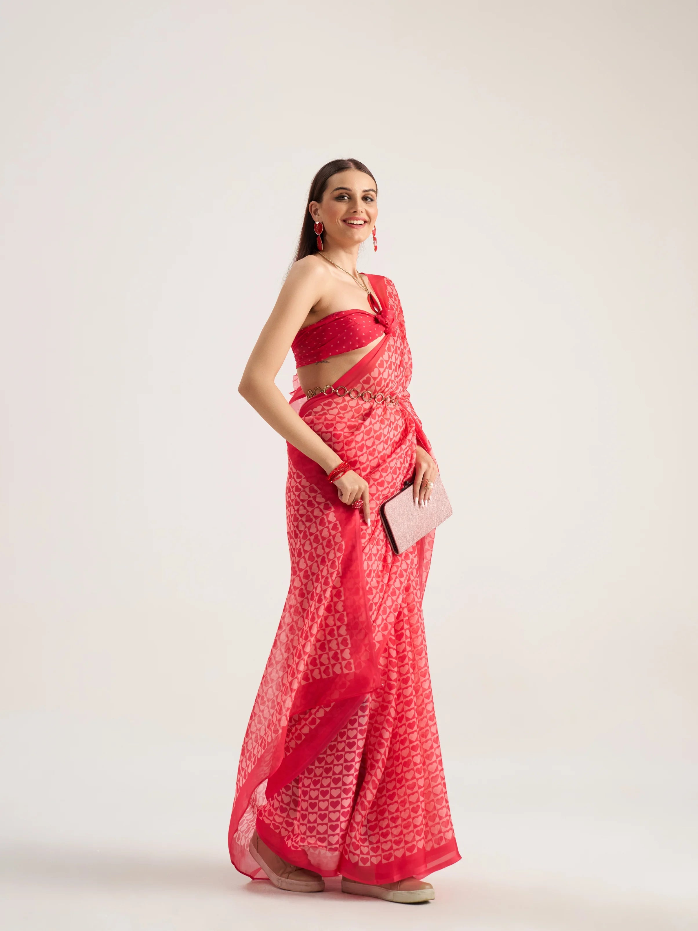 VISCOSE ORGANZA DIGITAL PRINTED RED SAREE WITH BLOUSE