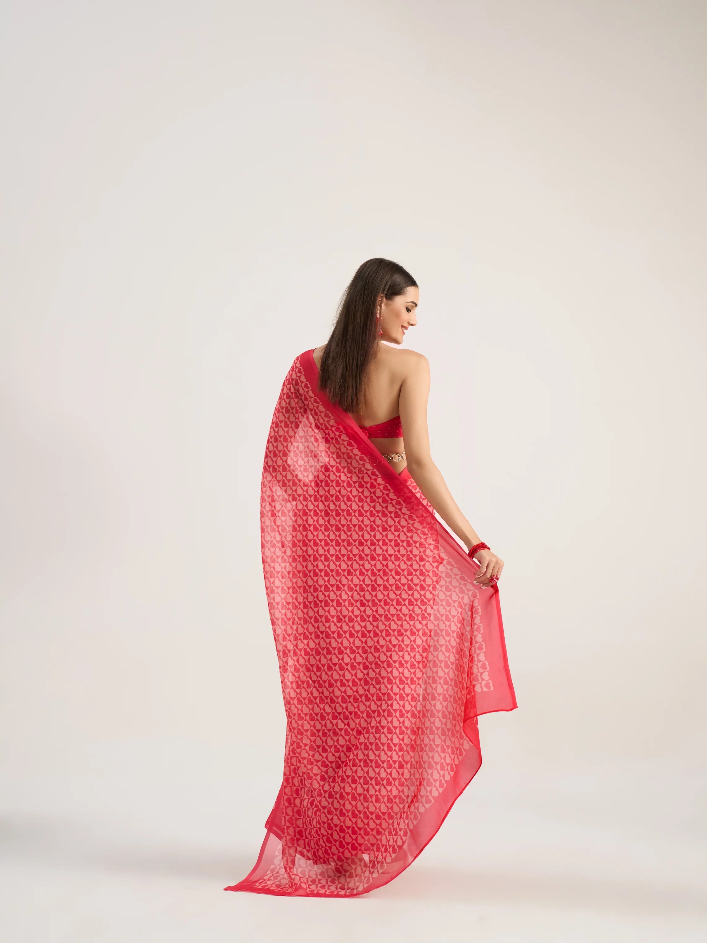 VISCOSE ORGANZA DIGITAL PRINTED RED SAREE WITH BLOUSE