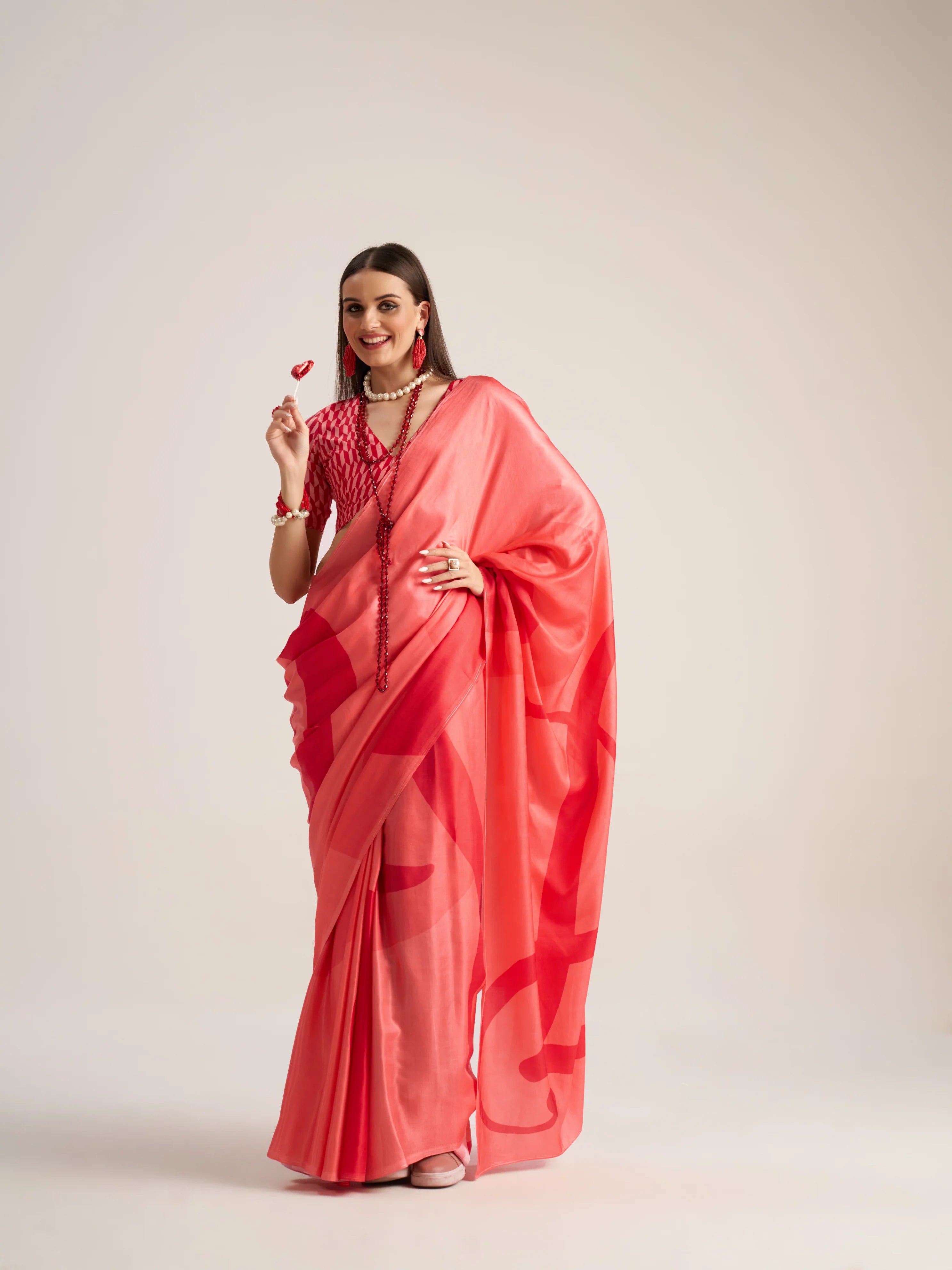 BEMBERG MODAL SATIN DIGITAL PRINTED RED SAREE WITH BLOUSE