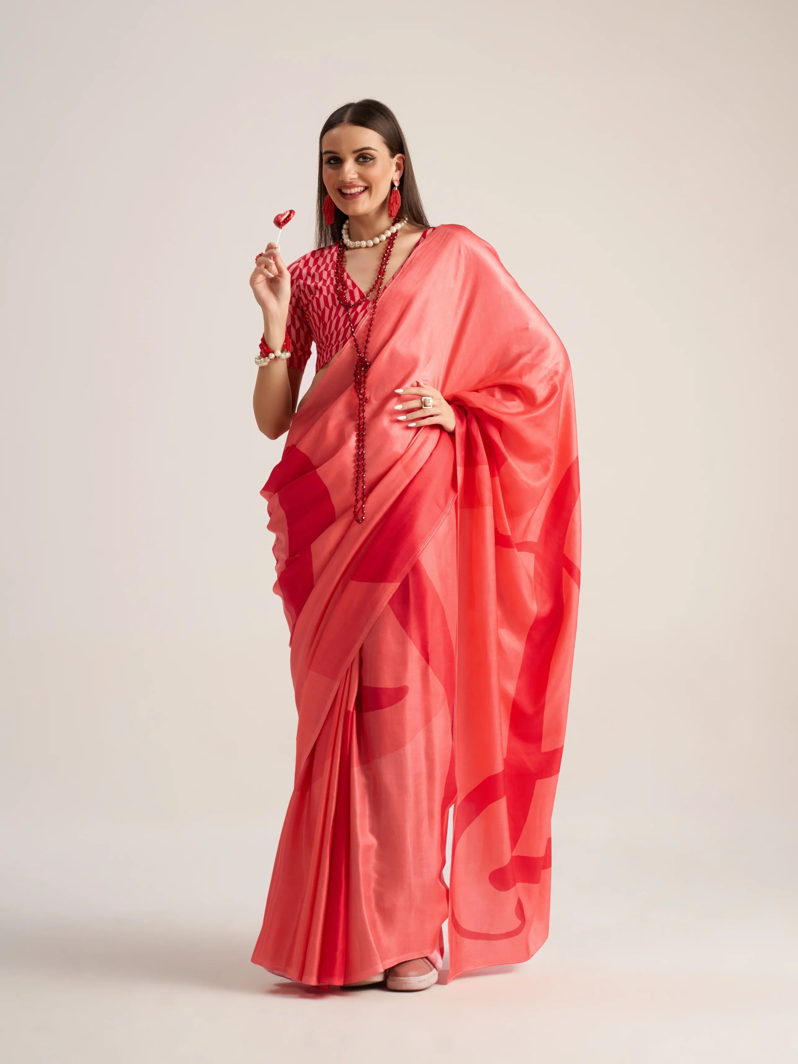 BEMBERG MODAL SATIN DIGITAL PRINTED RED SAREE WITH BLOUSE