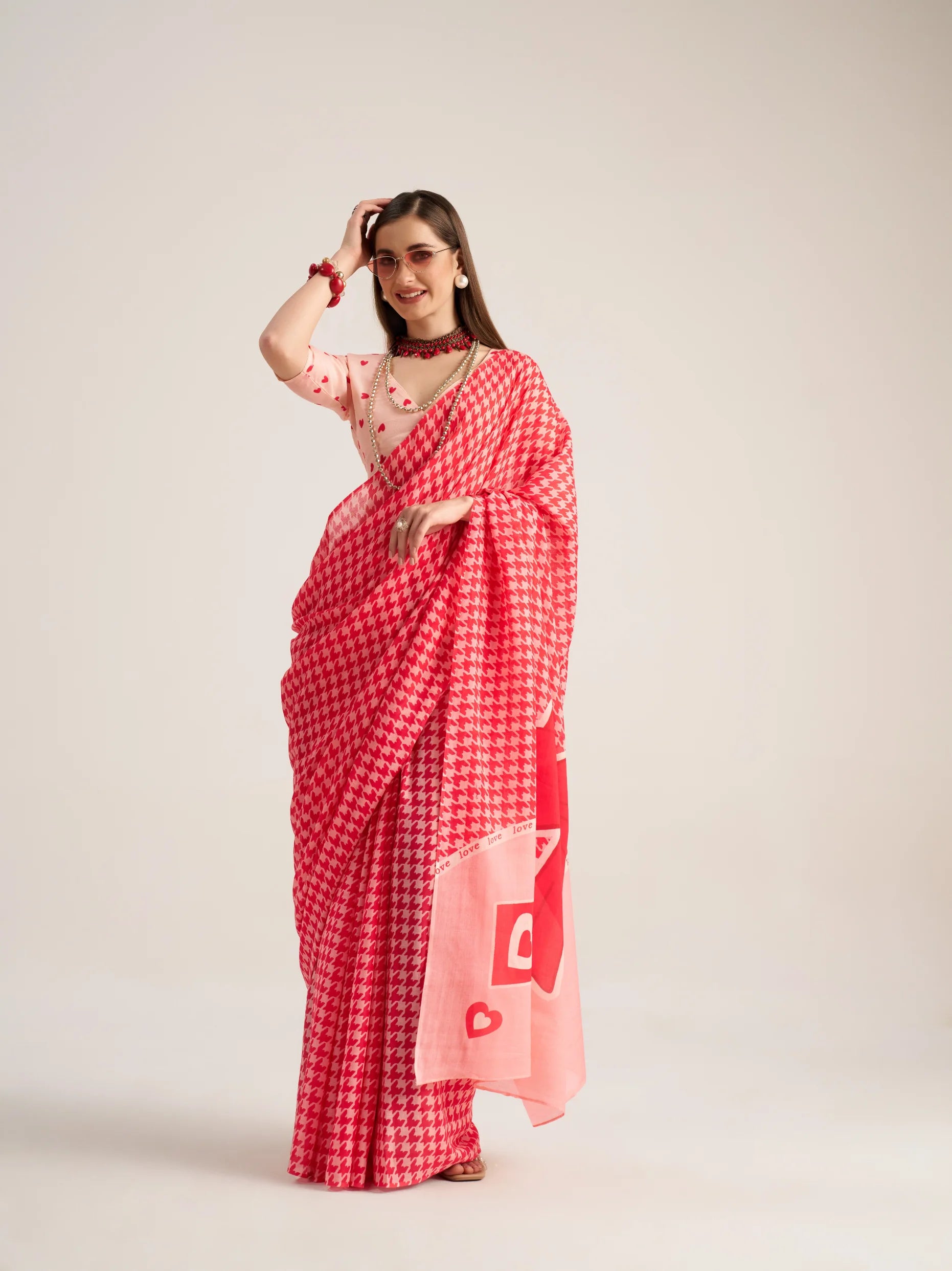 VISCOSE MULMUL DIGITAL PRINTED RED SAREE WITH BLOUSE