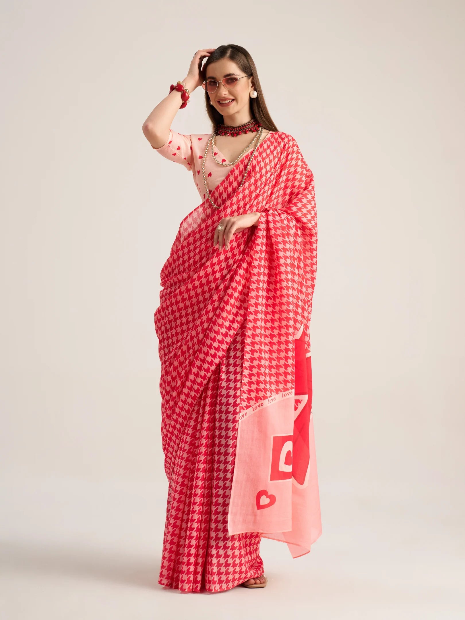 VISCOSE MULMUL DIGITAL PRINTED RED SAREE WITH BLOUSE