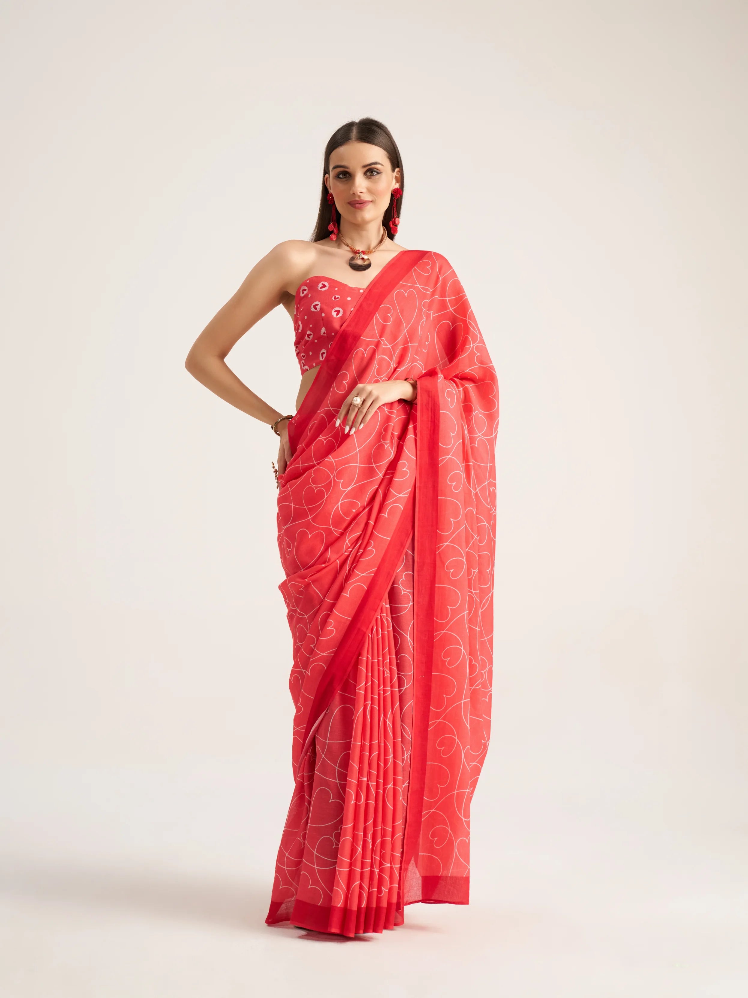 VISCOSE MULMUL DIGITAL PRINTED RED SAREE WITH BLOUSE