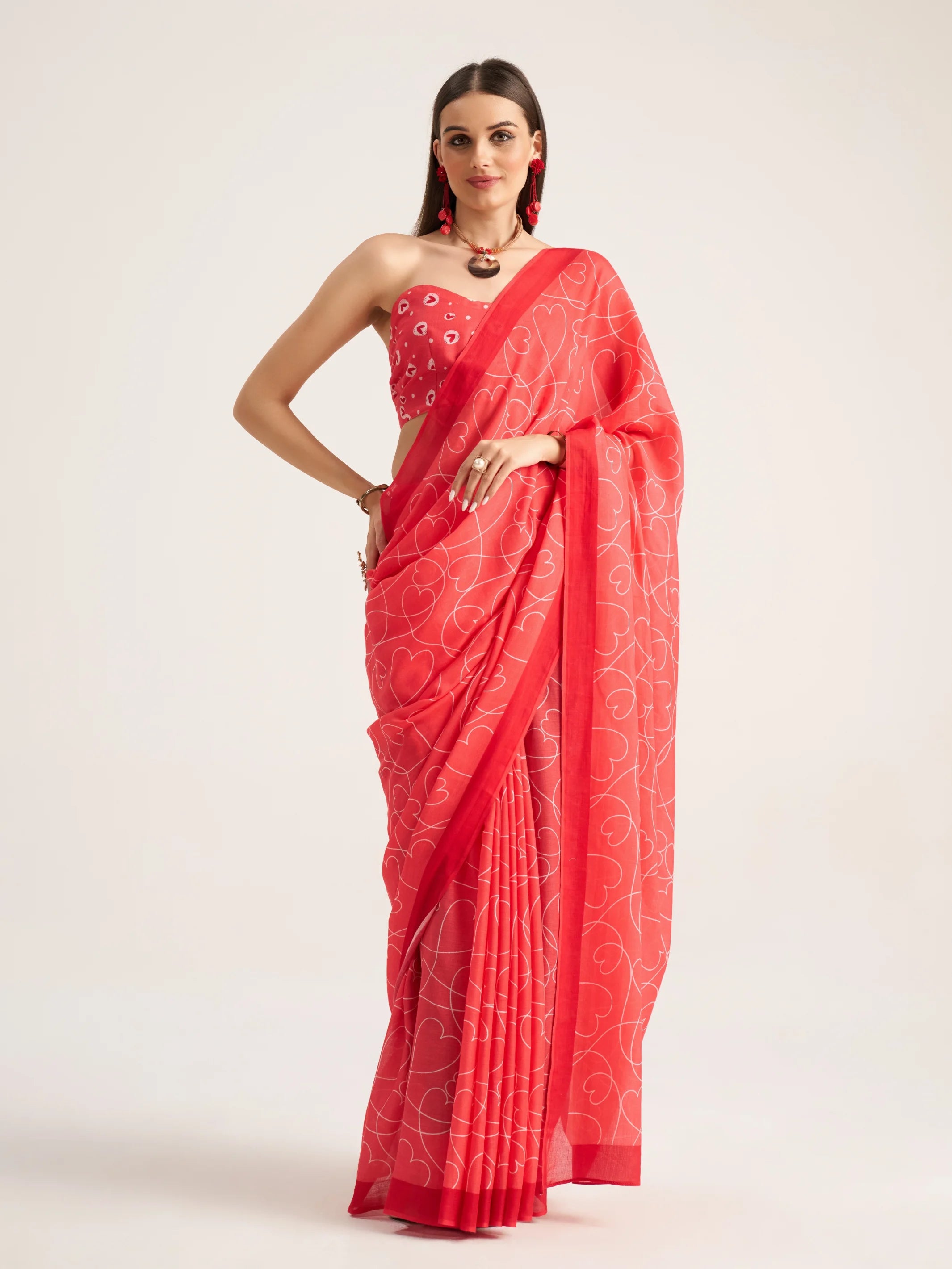 VISCOSE MULMUL DIGITAL PRINTED RED SAREE WITH BLOUSE