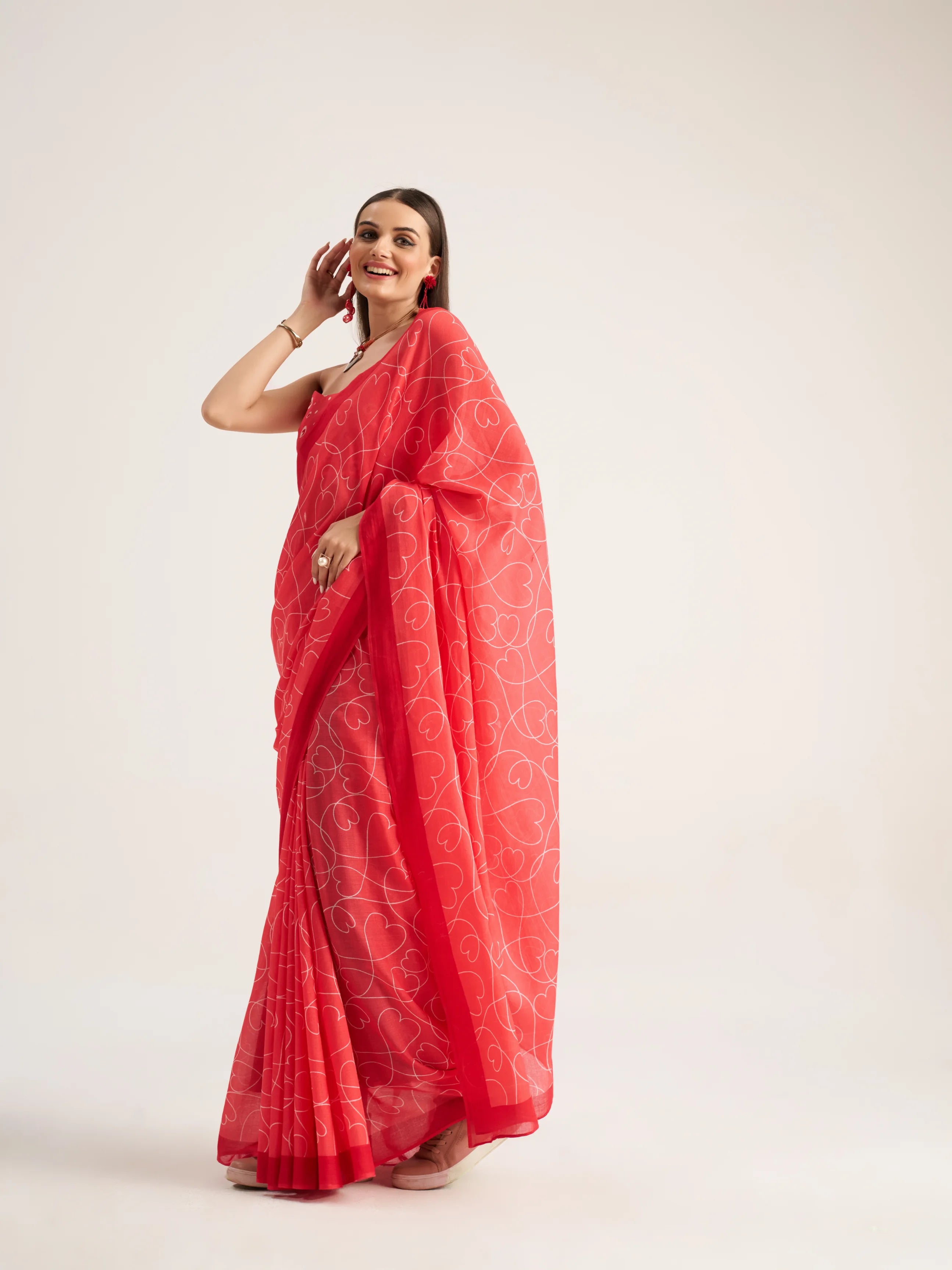 VISCOSE MULMUL DIGITAL PRINTED RED SAREE WITH BLOUSE