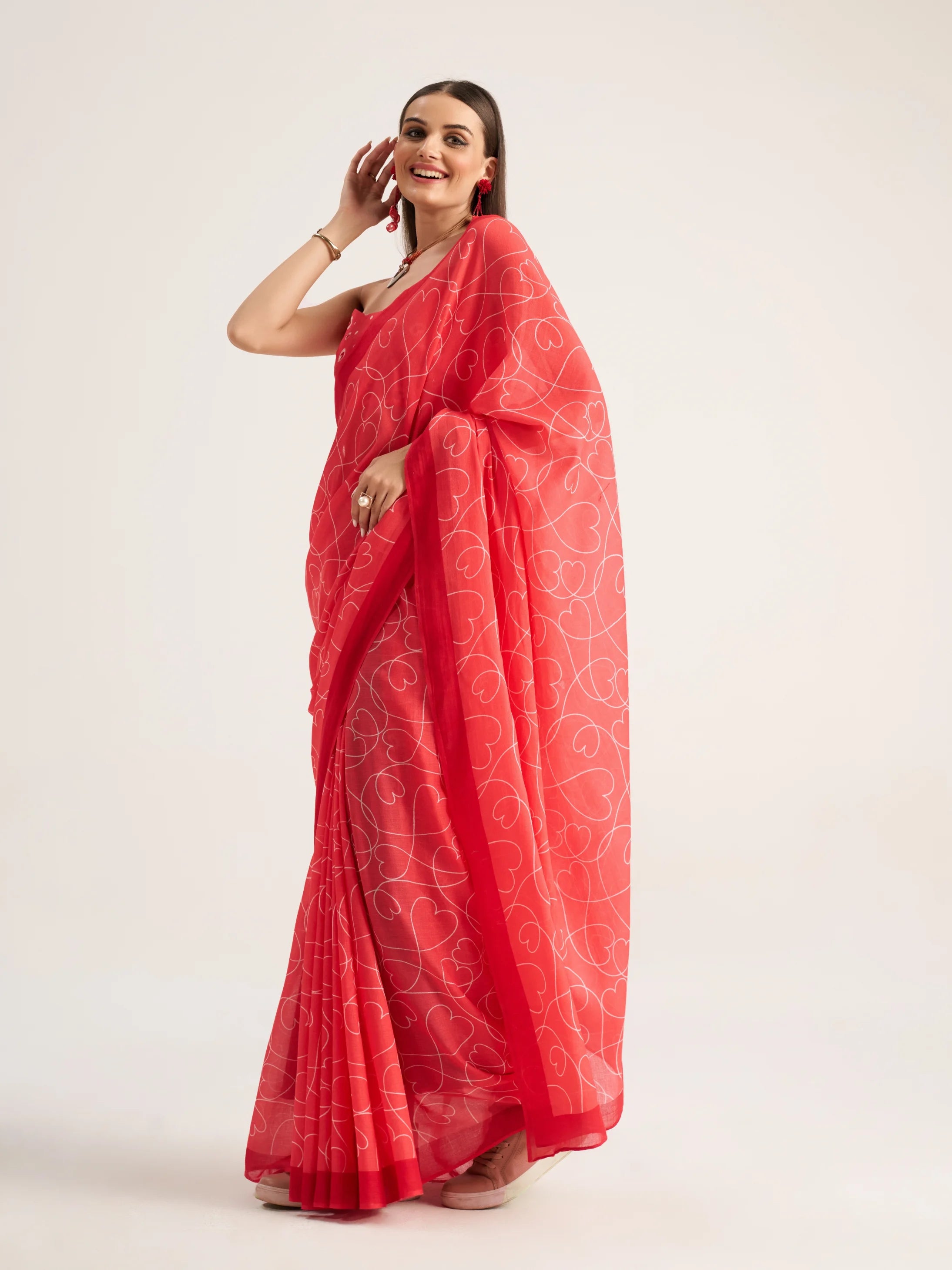 VISCOSE MULMUL DIGITAL PRINTED RED SAREE WITH BLOUSE