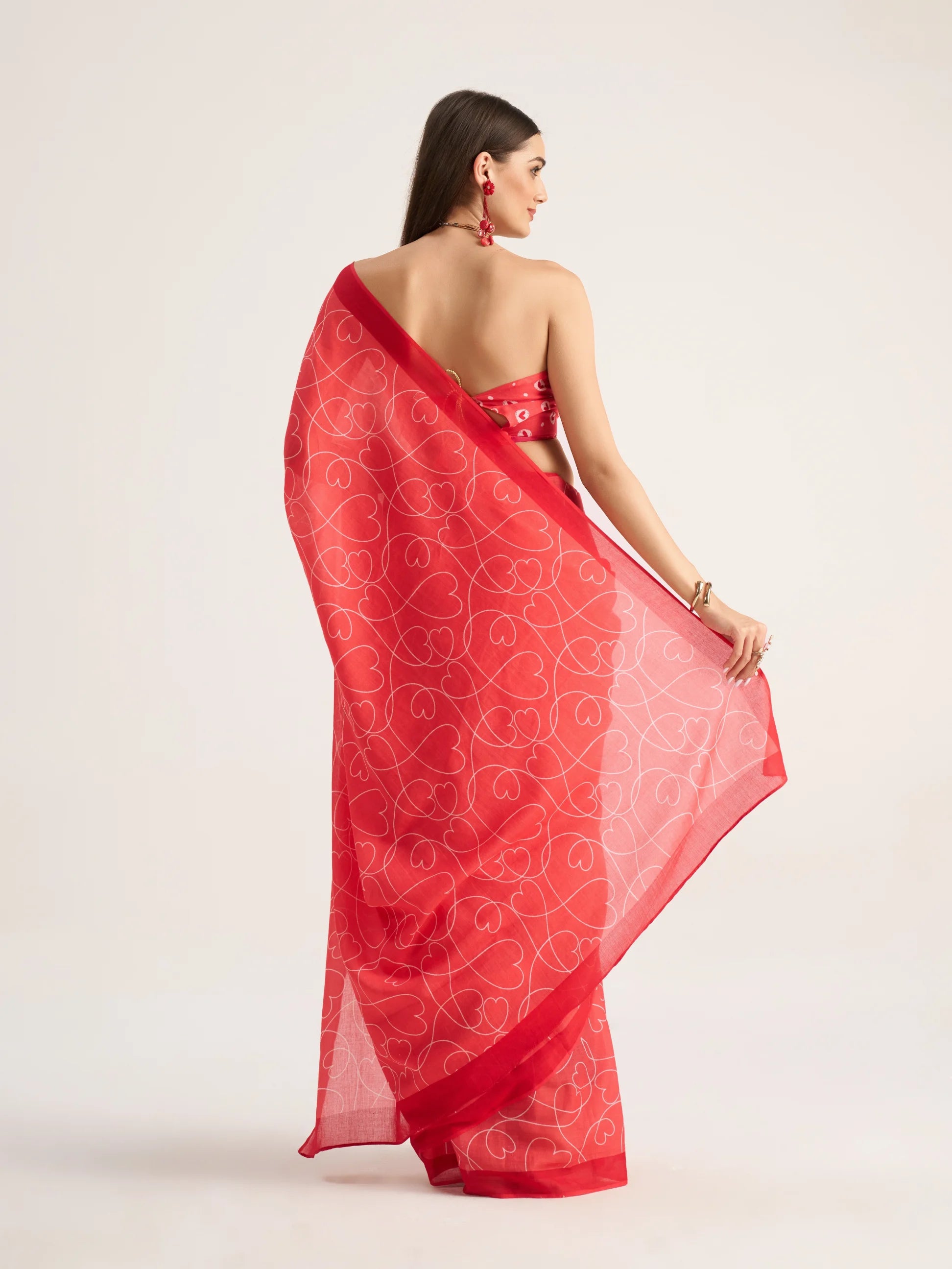 VISCOSE MULMUL DIGITAL PRINTED RED SAREE WITH BLOUSE