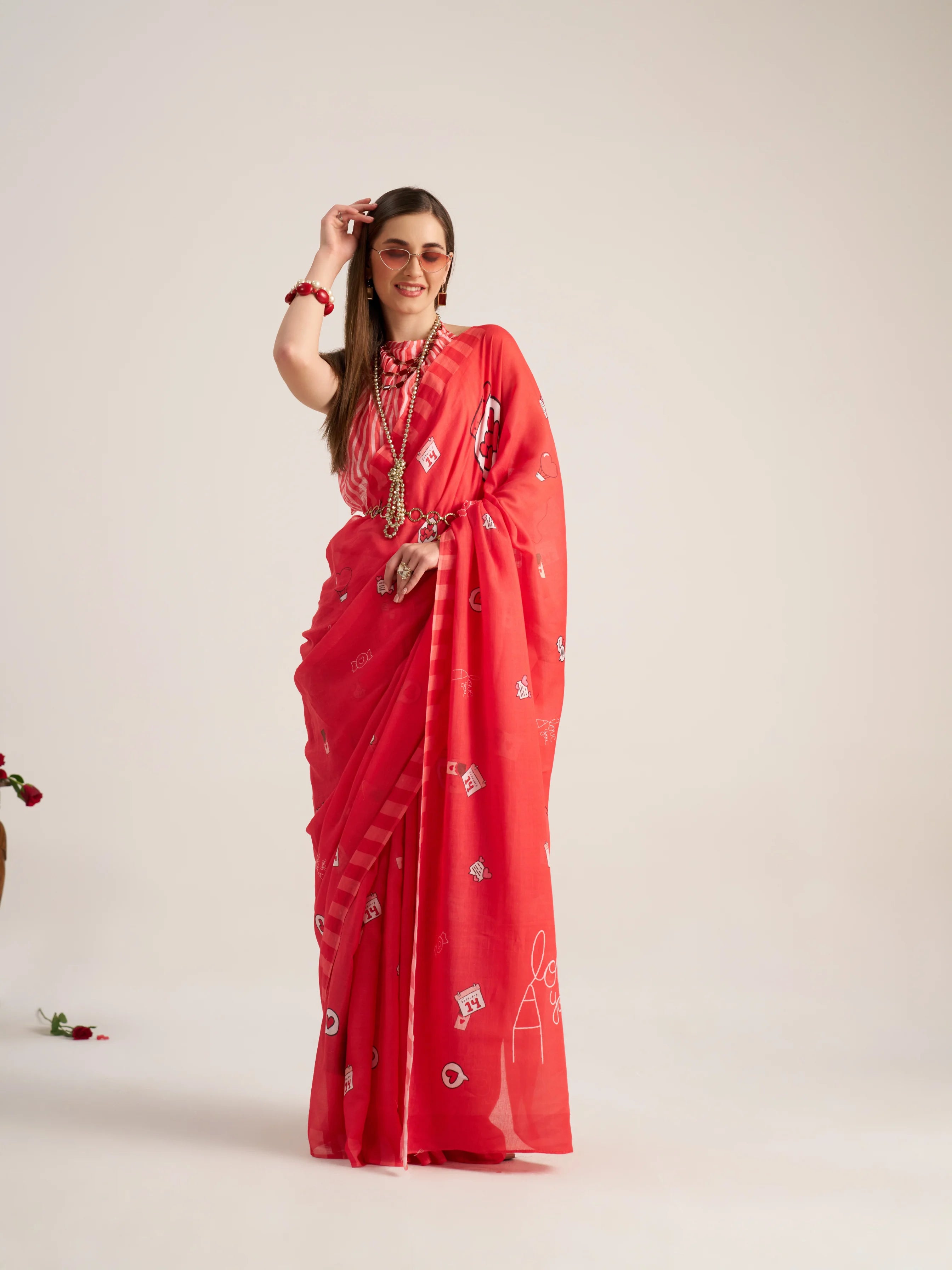 VISCOSE MULMUL DIGITAL PRINTED RED SAREE WITH BLOUSE