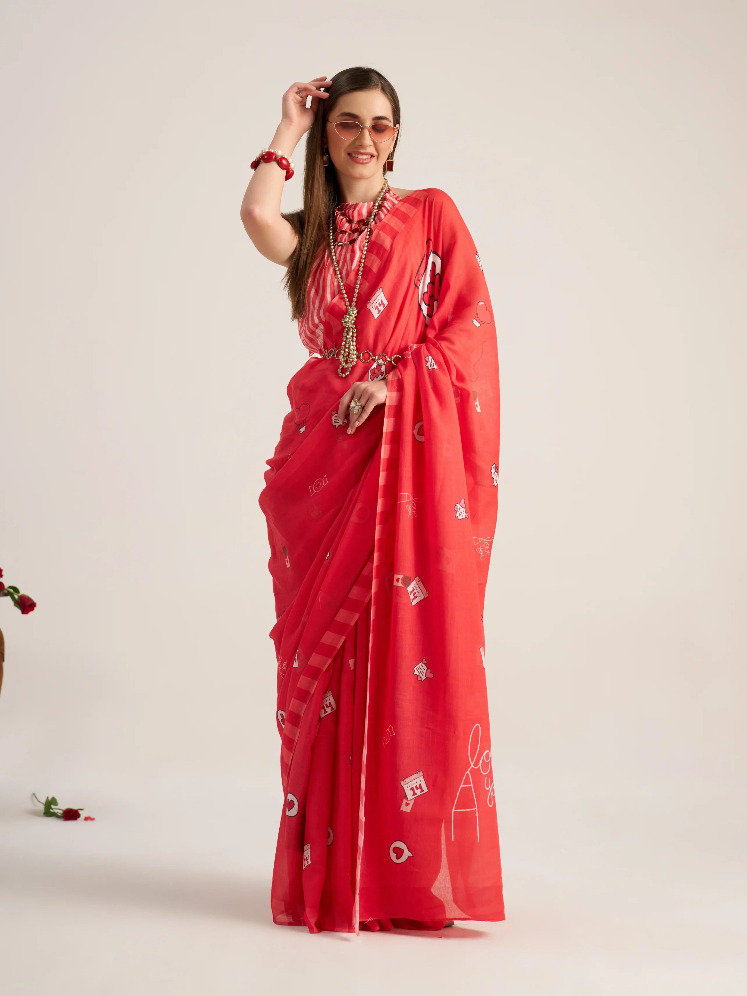 VISCOSE MULMUL DIGITAL PRINTED RED SAREE WITH BLOUSE