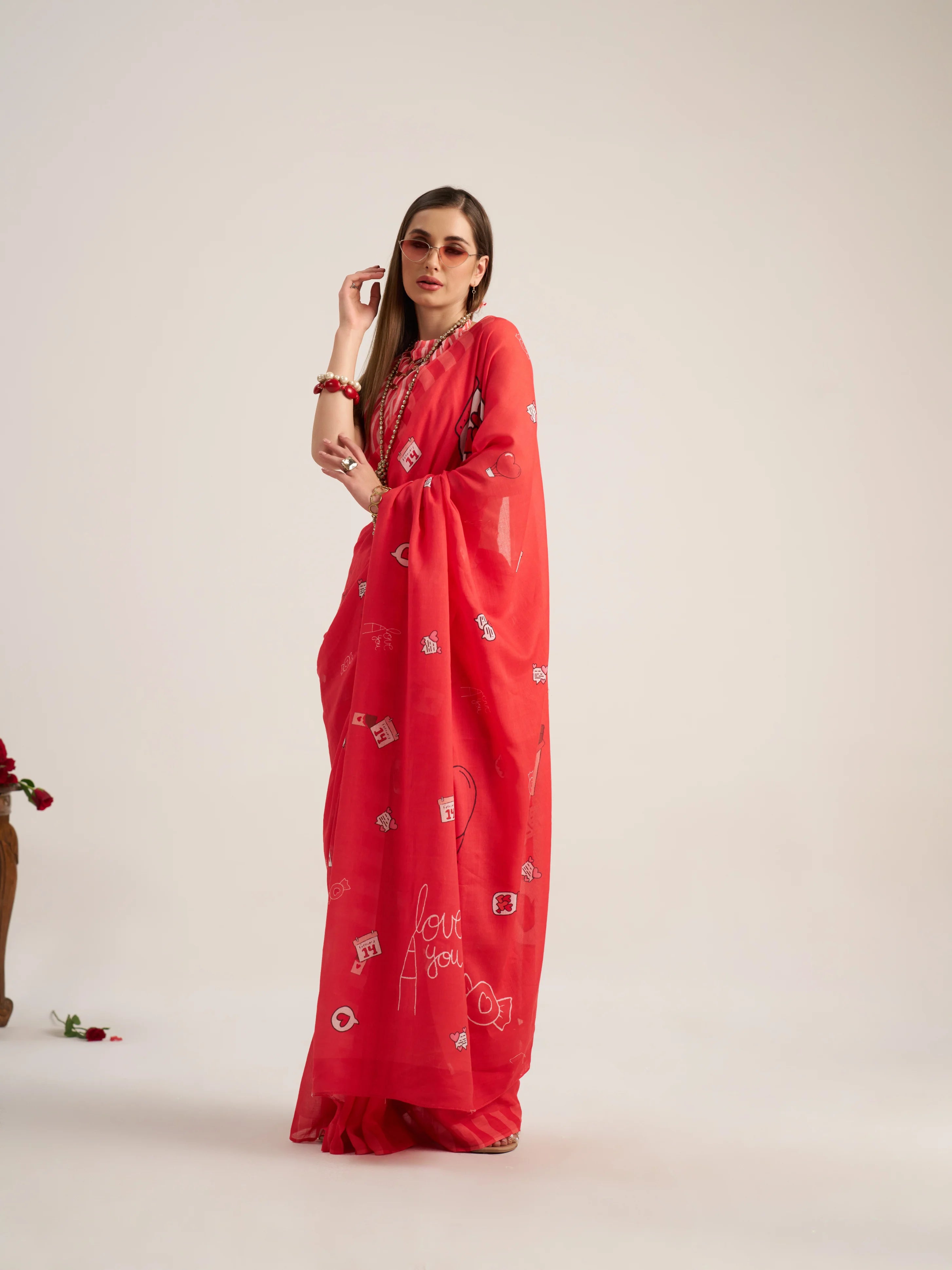 VISCOSE MULMUL DIGITAL PRINTED RED SAREE WITH BLOUSE