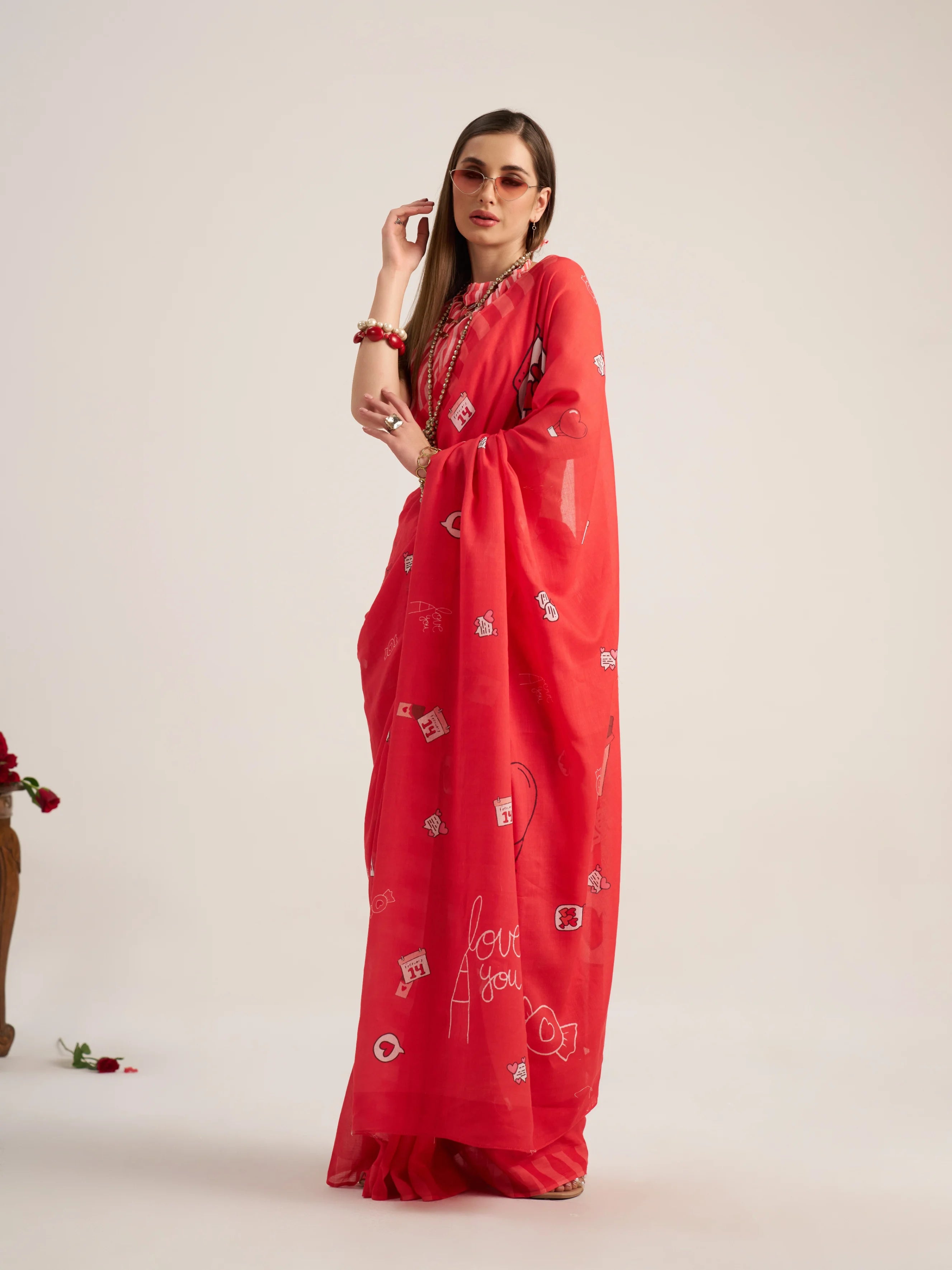 VISCOSE MULMUL DIGITAL PRINTED RED SAREE WITH BLOUSE