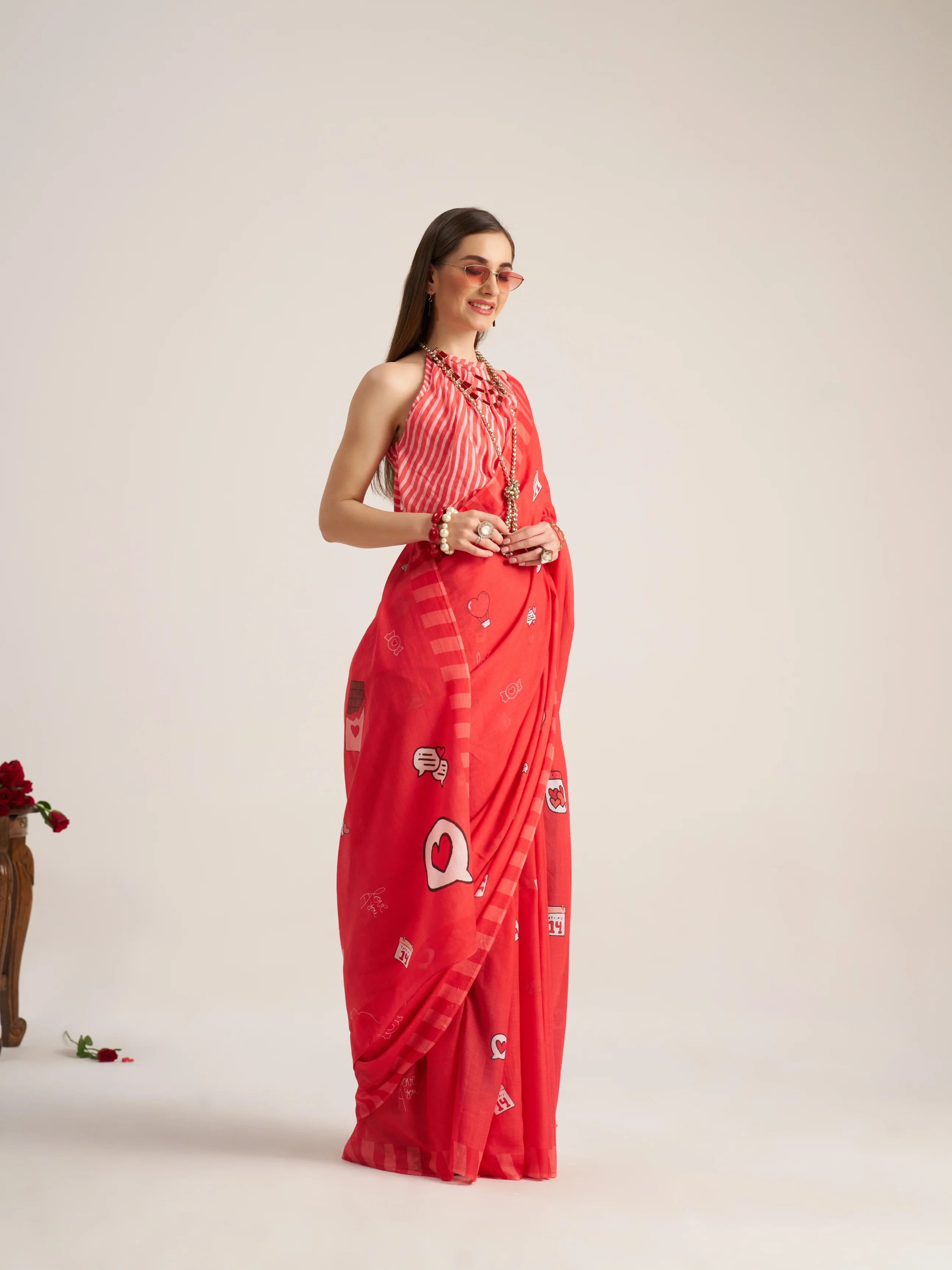 VISCOSE MULMUL DIGITAL PRINTED RED SAREE WITH BLOUSE