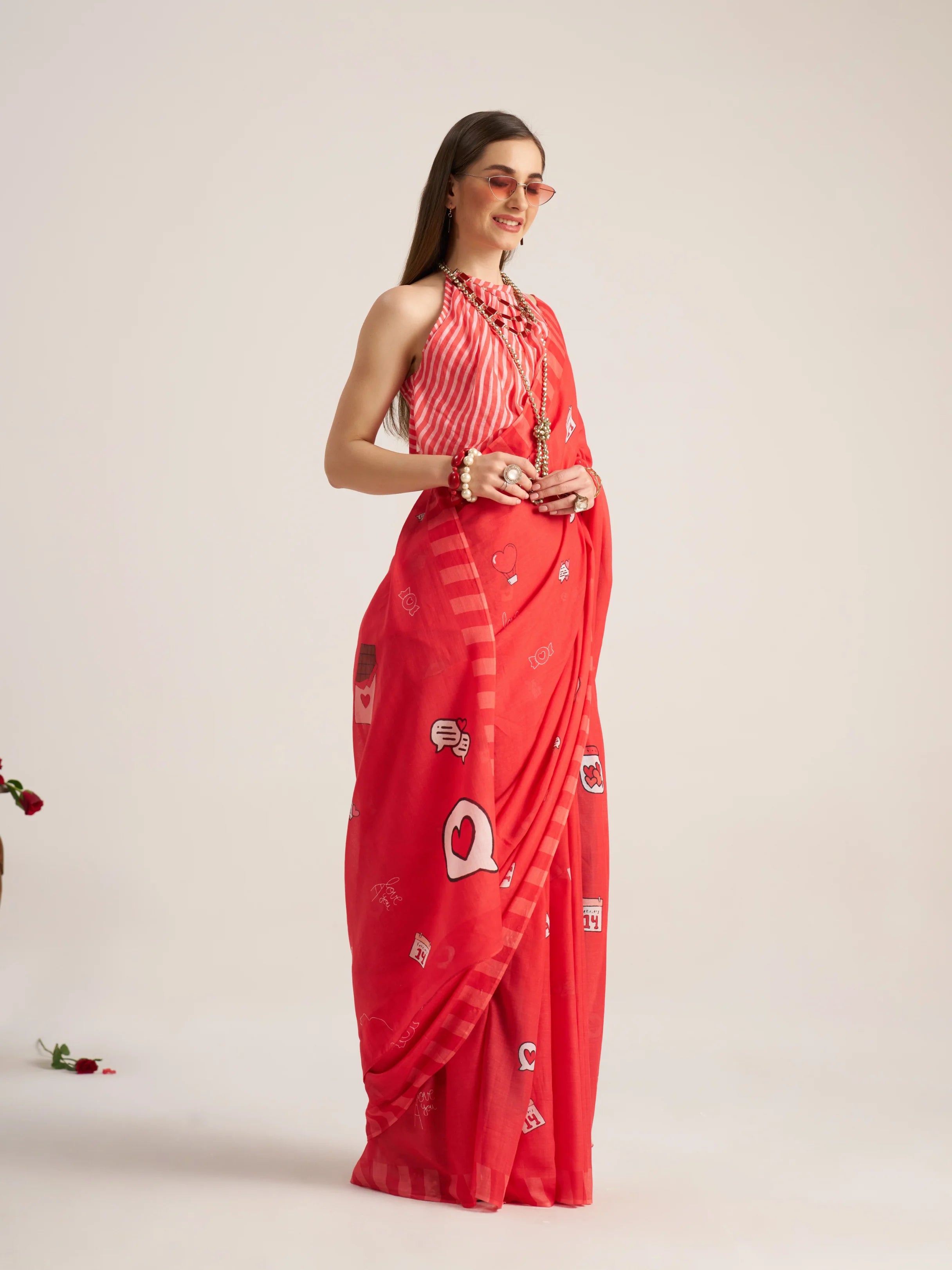 VISCOSE MULMUL DIGITAL PRINTED RED SAREE WITH BLOUSE