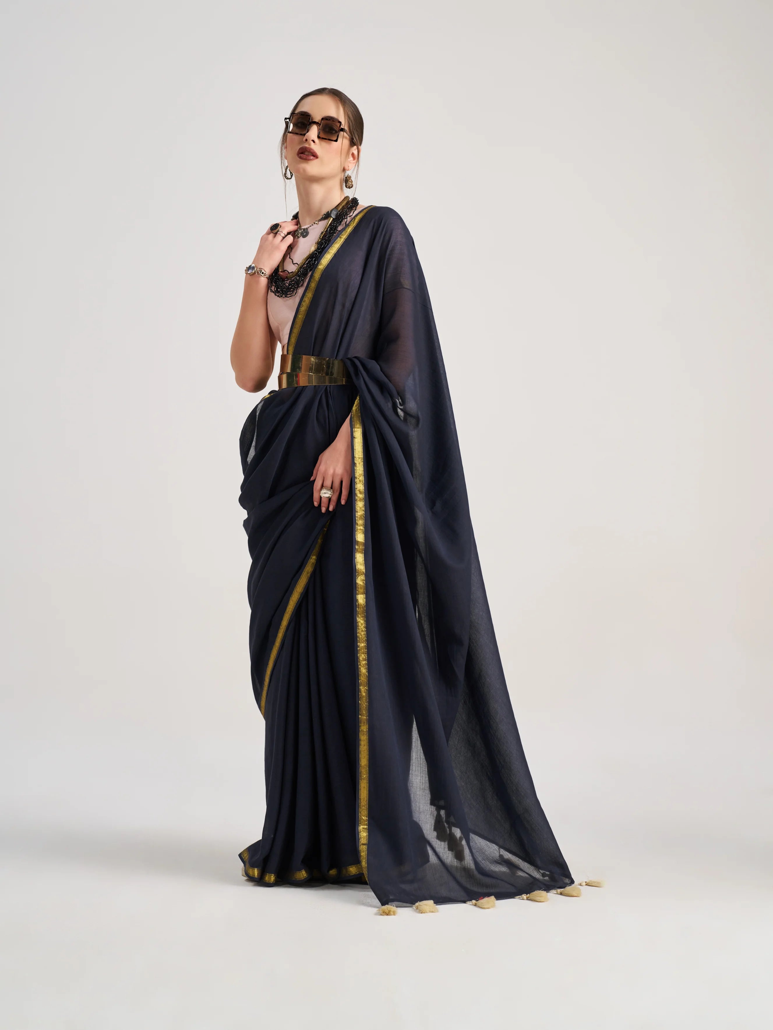 VISCOSE MULMUL DYED BLACK SAREE WITH BLOUSE