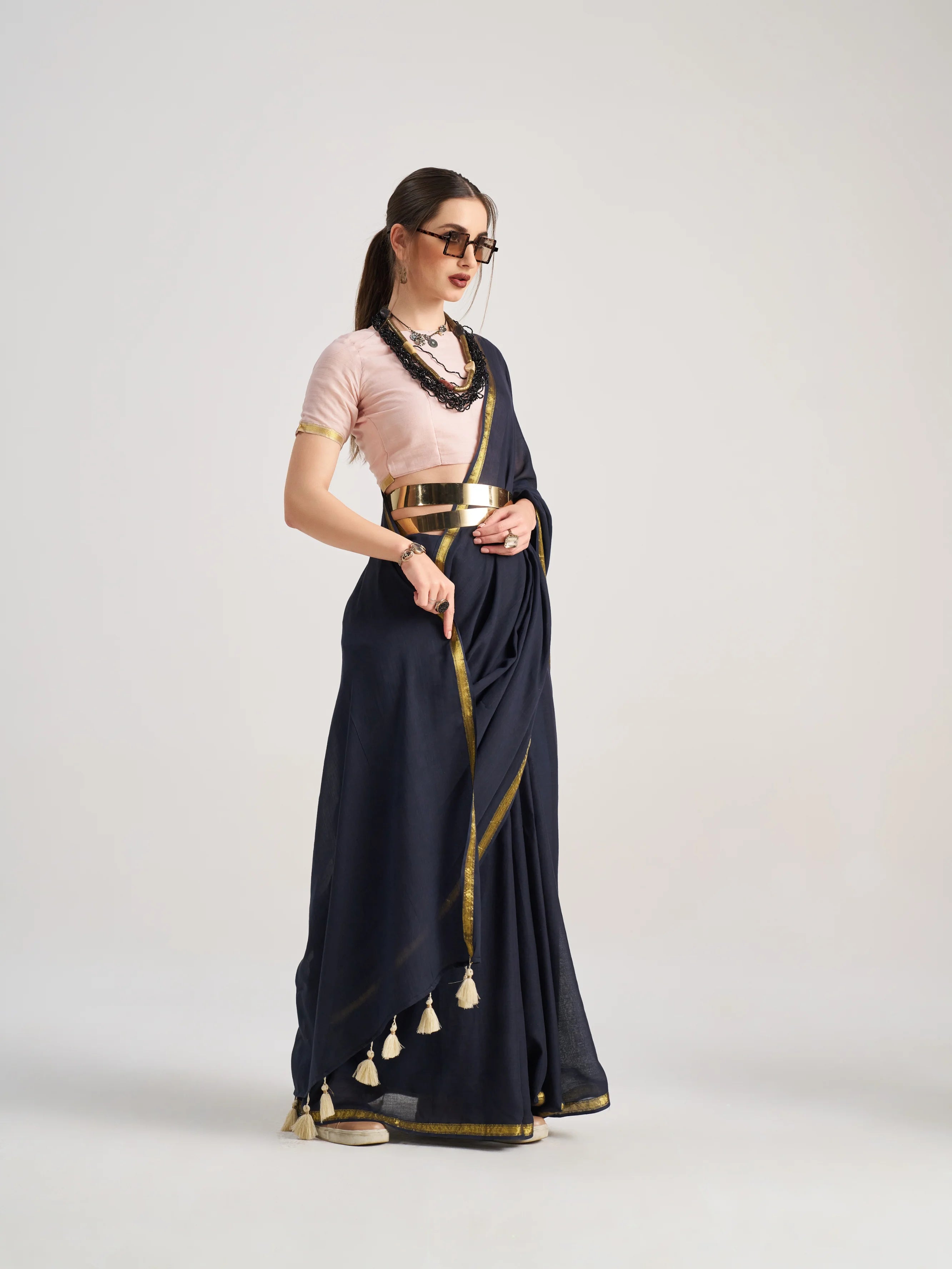 VISCOSE MULMUL DYED BLACK SAREE WITH BLOUSE