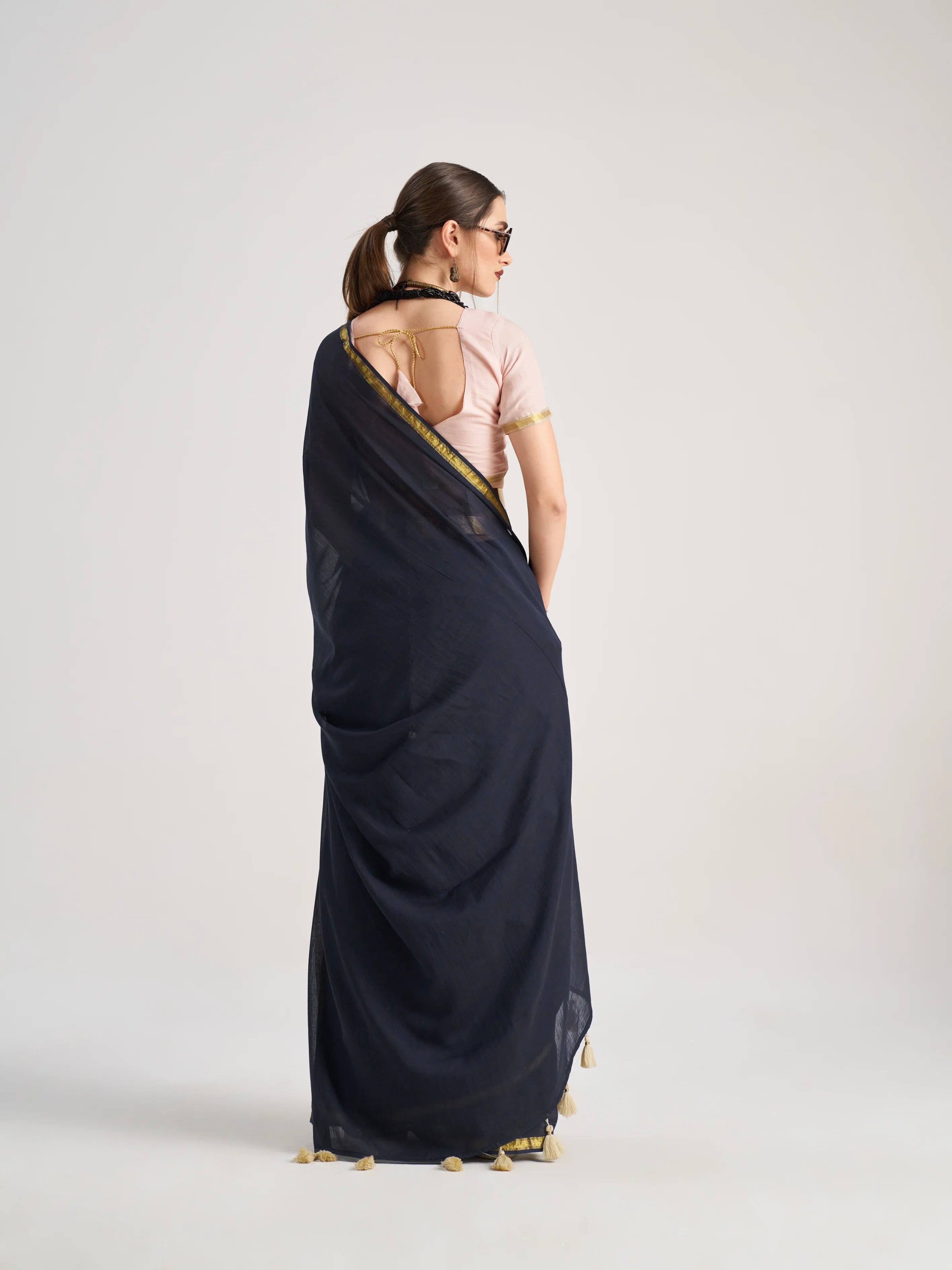 VISCOSE MULMUL DYED BLACK SAREE WITH BLOUSE