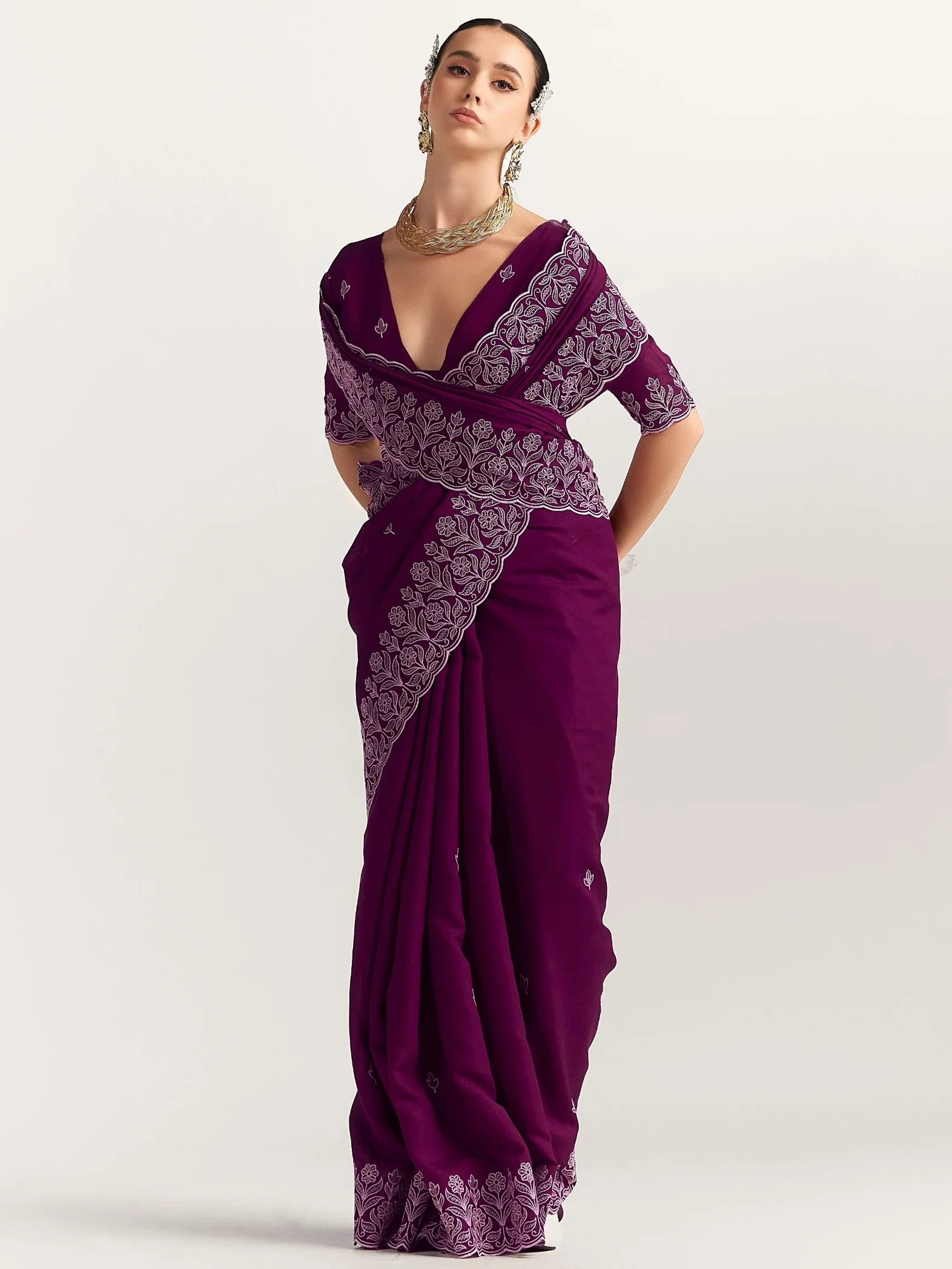 TITANIUM FLORAL EMBROIDERY SAREE WITH BLOUSE