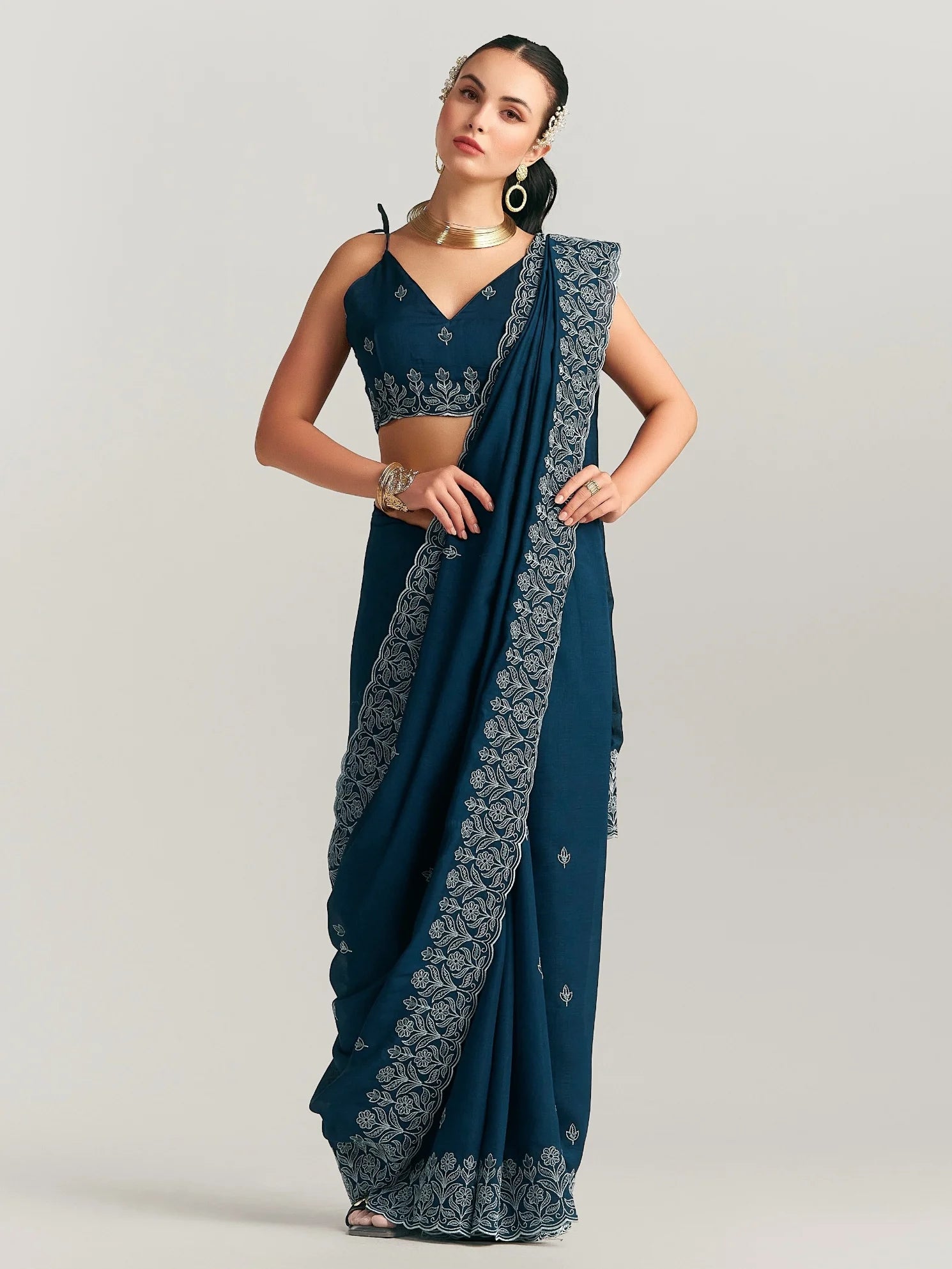 TITANIUM FLORAL EMBROIDERY SAREE WITH BLOUSE
